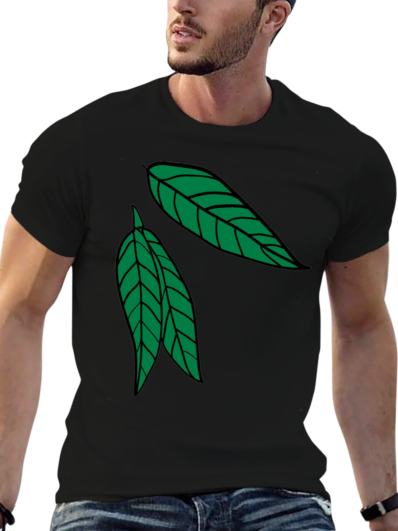 Leaf Design Black Cotton T-Shirt