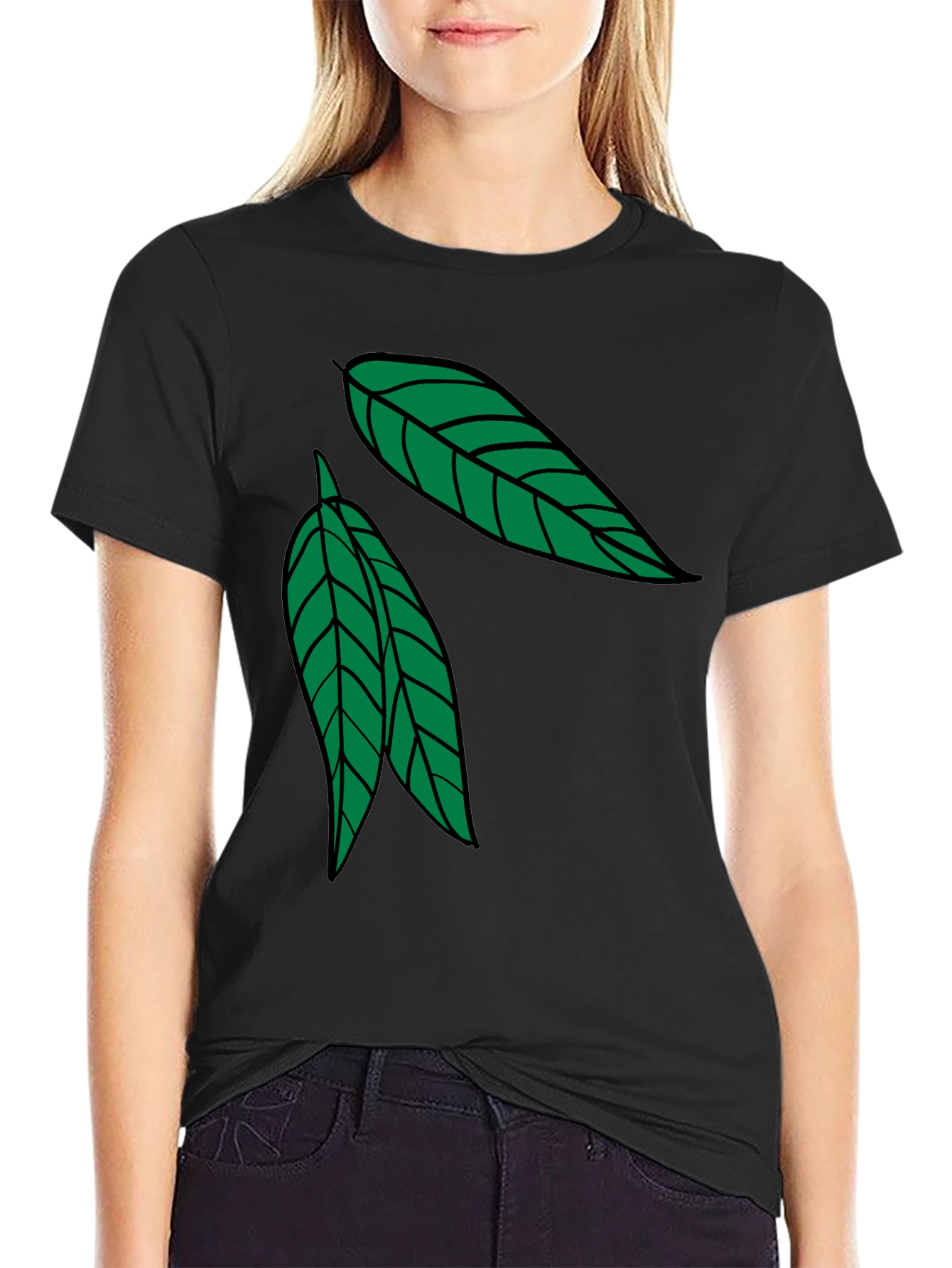 Leaf Design Black Cotton T-Shirt
