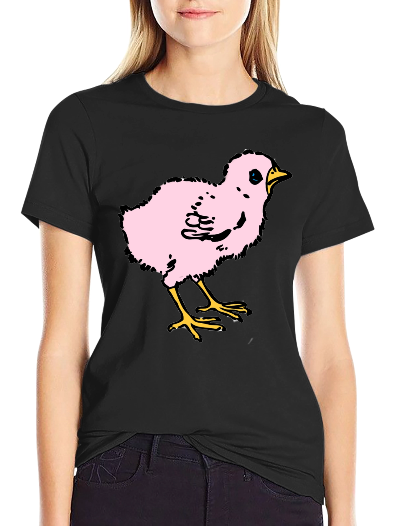Cute Pink Chick Graphic T-Shirt - Casual Black Tee