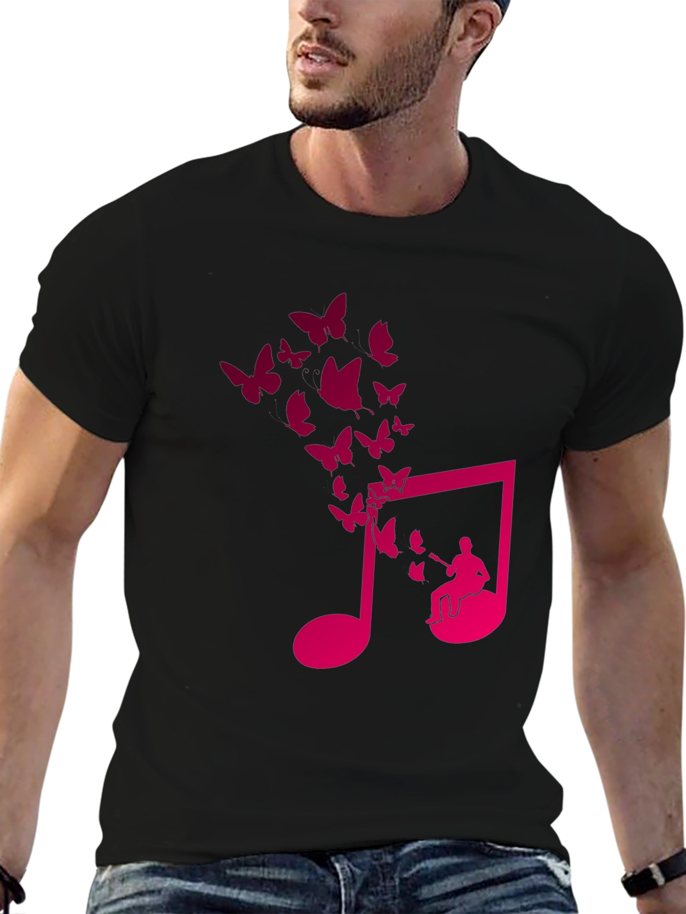 Musical Butterfly Graphic Tee - Black Cotton T-Shirt