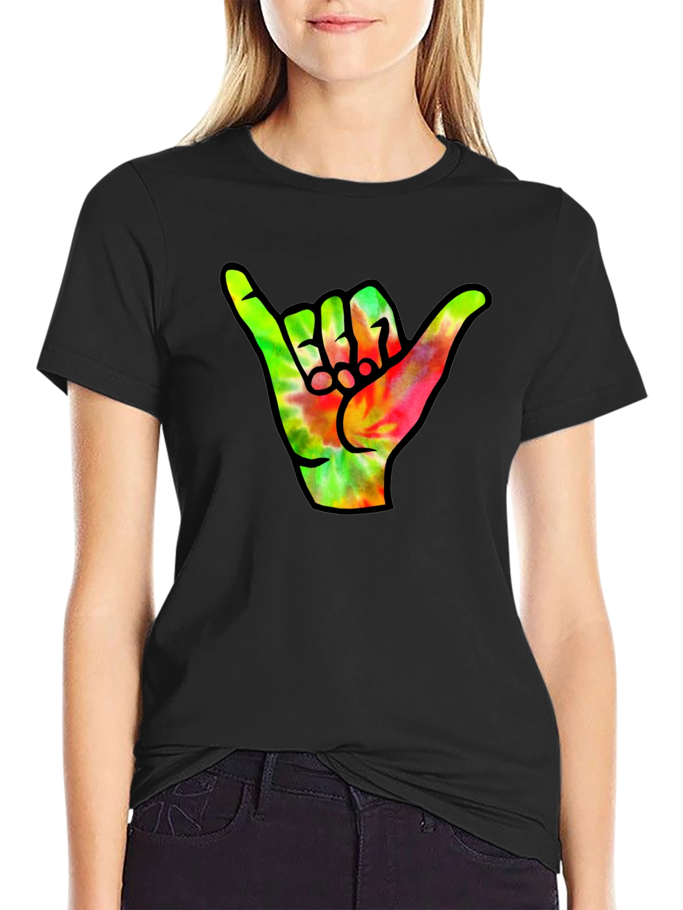Shaka Hand Tie-Dye Graphic Print Black T-Shirt