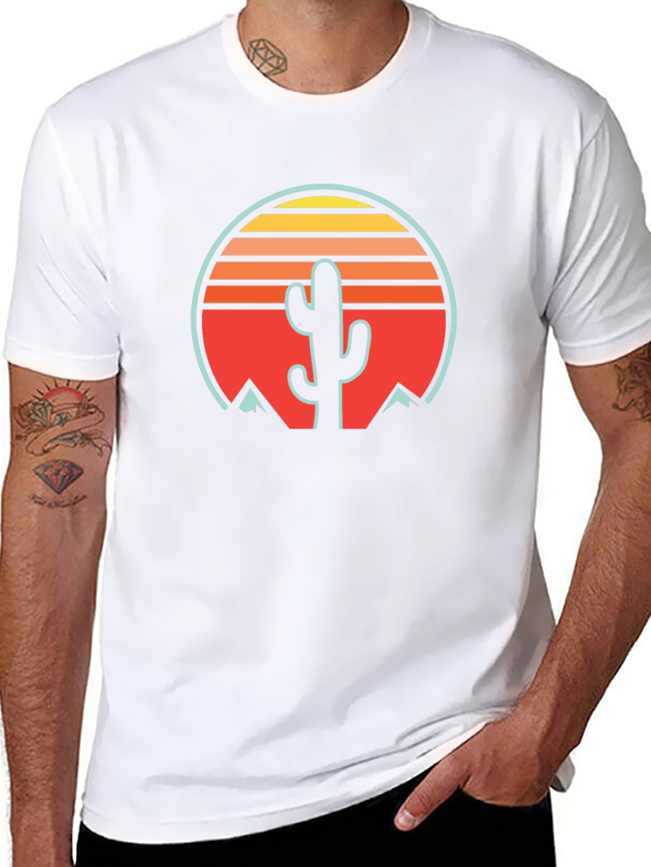Retro Cactus Sunset Graphic Tee - Black Cotton Blend