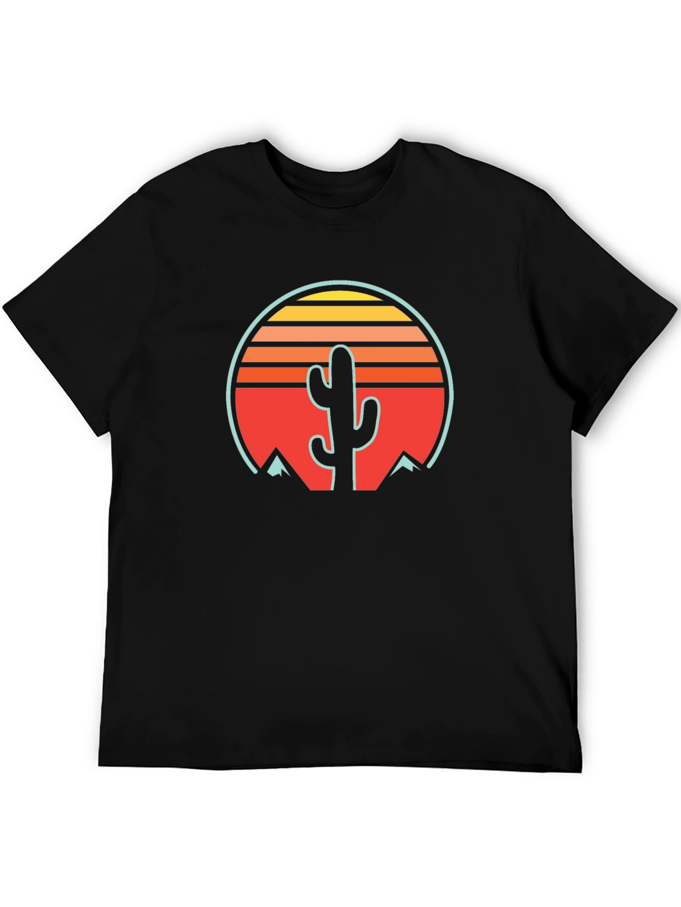 Retro Cactus Sunset Graphic Tee - Black Cotton Blend
