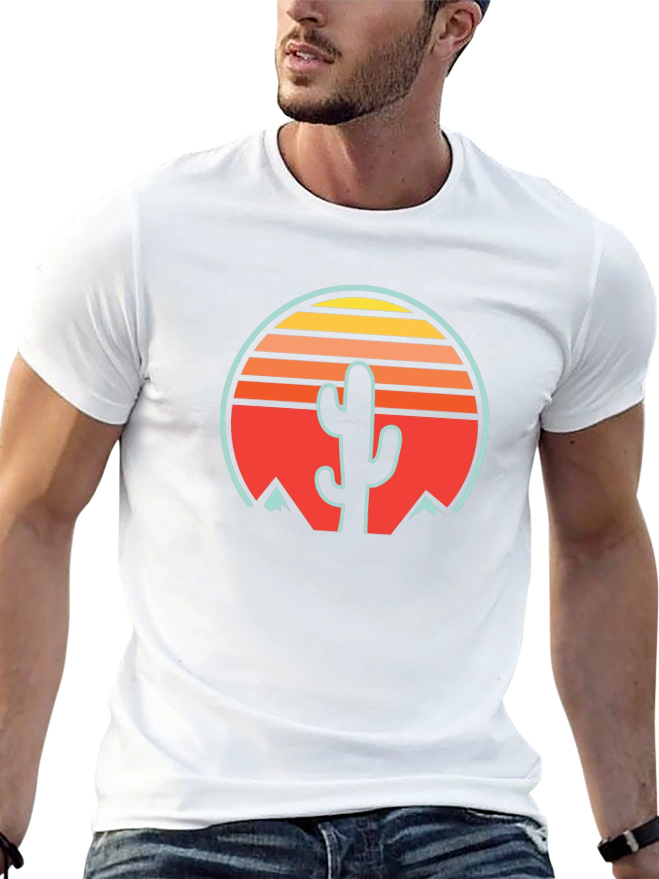 Retro Cactus Sunset Graphic Tee - Black Cotton Blend
