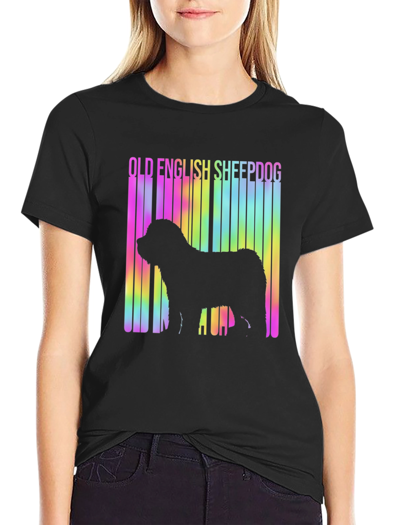 Old English Sheepdog T-Shirt: Rainbow Barcode Design