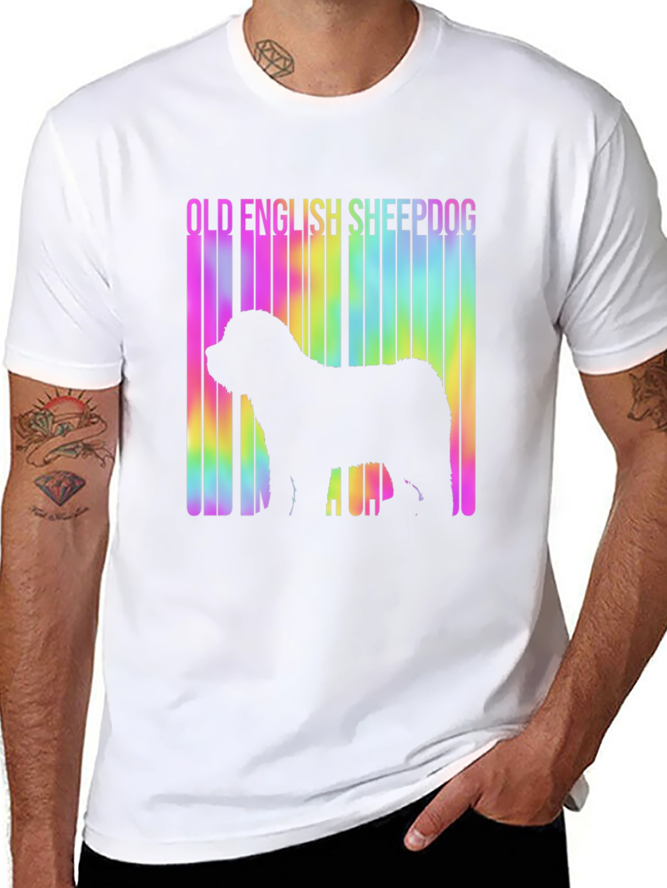 Old English Sheepdog T-Shirt: Rainbow Barcode Design