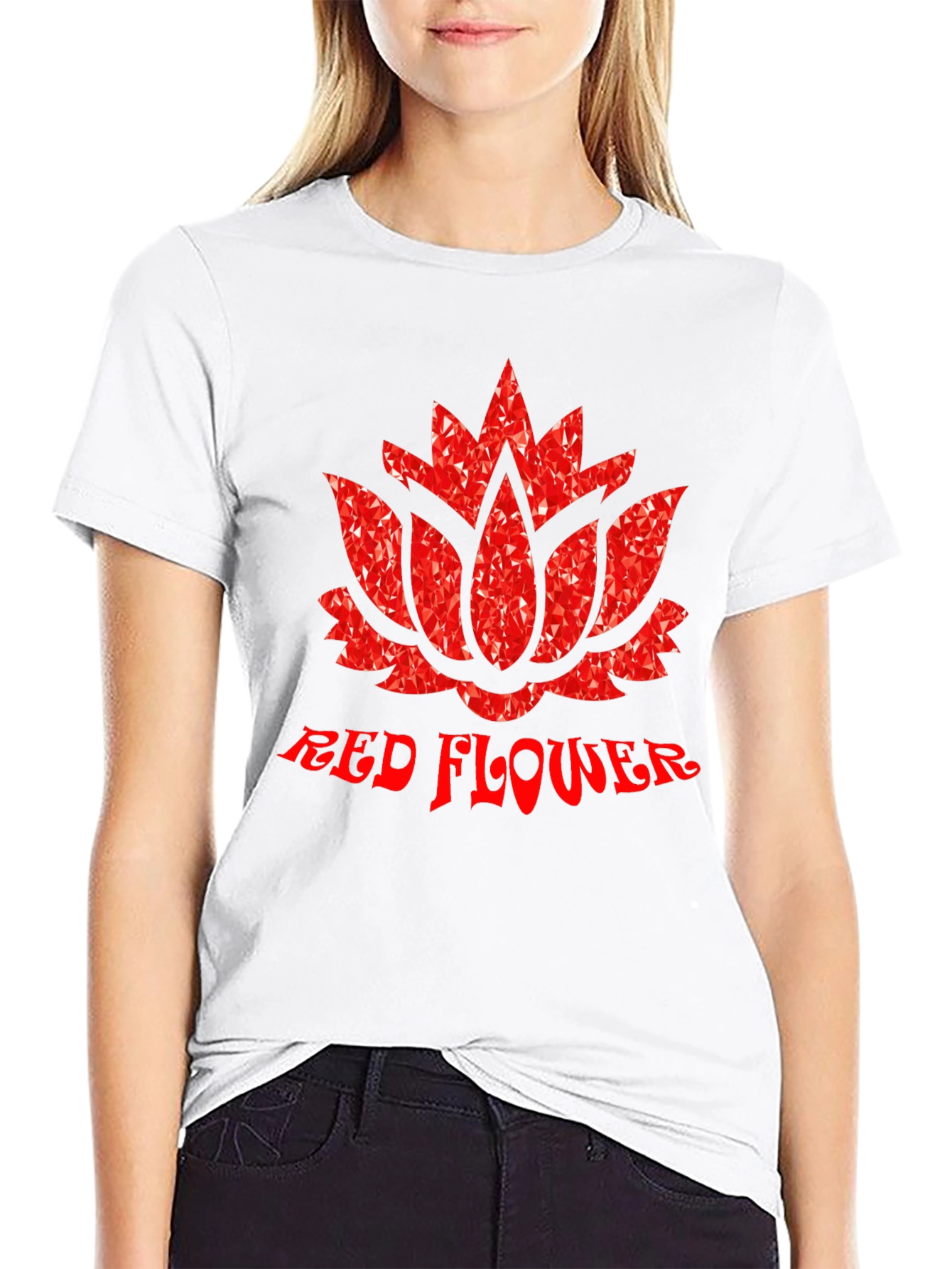 Red Flower Graphic Print Black T-Shirt