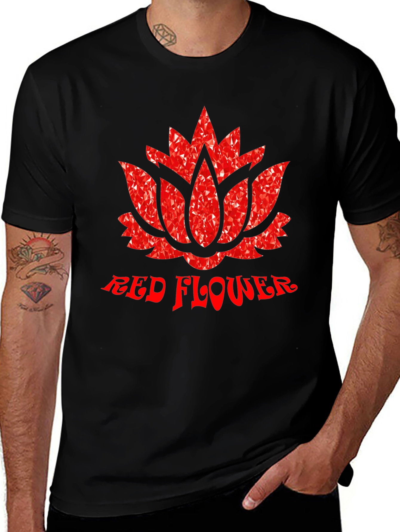 Red Flower Graphic Print Black T-Shirt