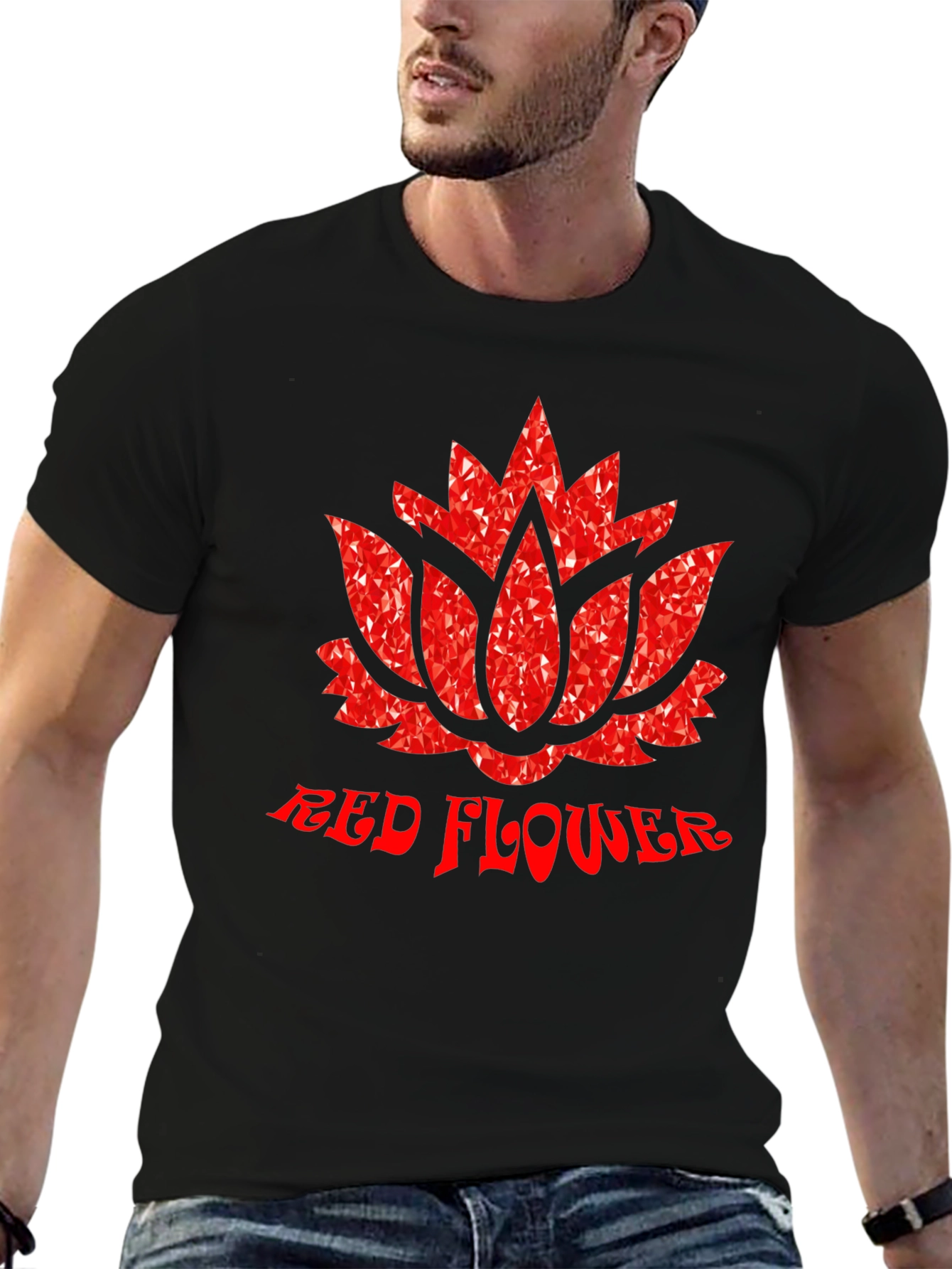 Red Flower Graphic Print Black T-Shirt