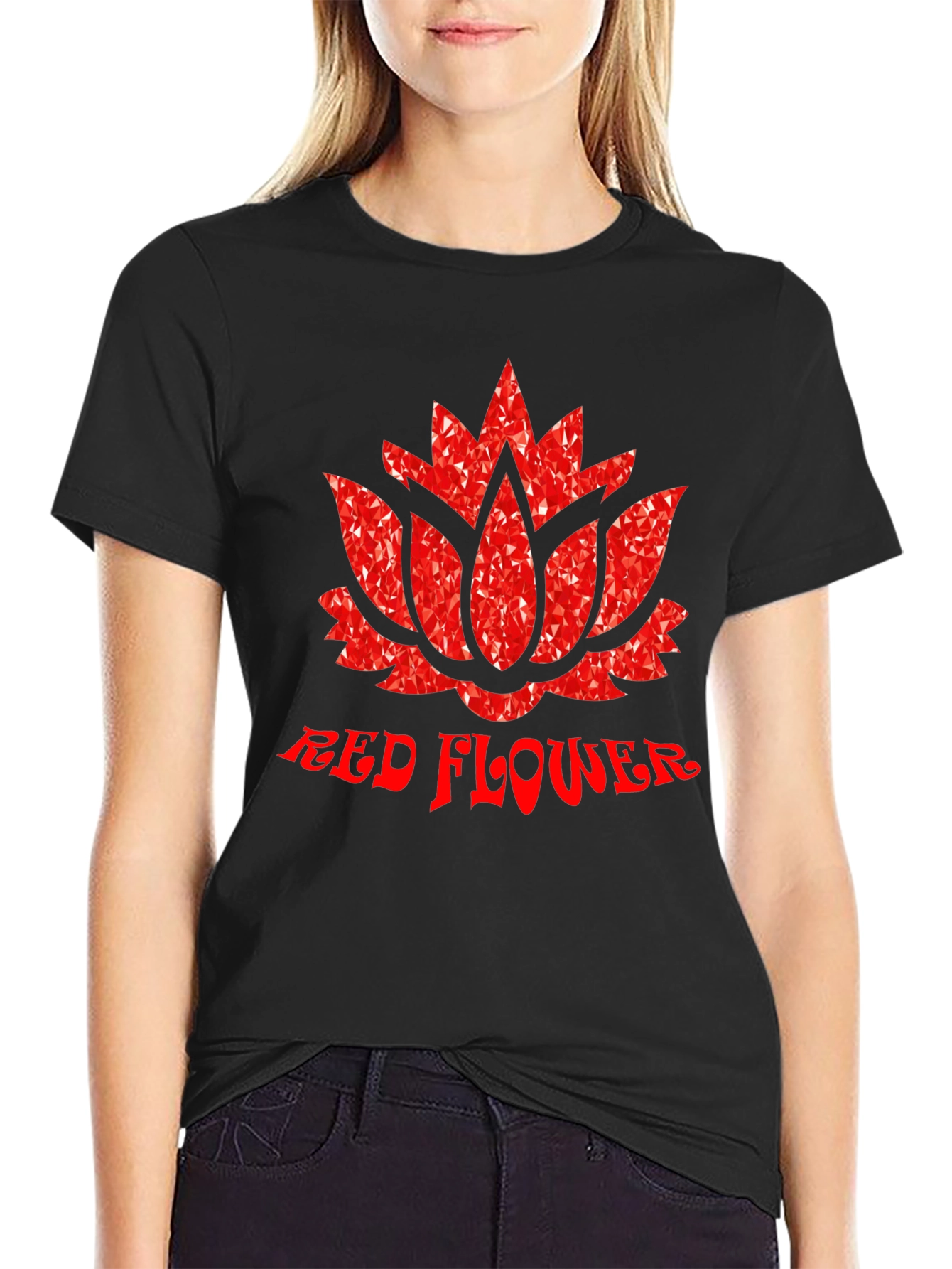 Red Flower Graphic Print Black T-Shirt
