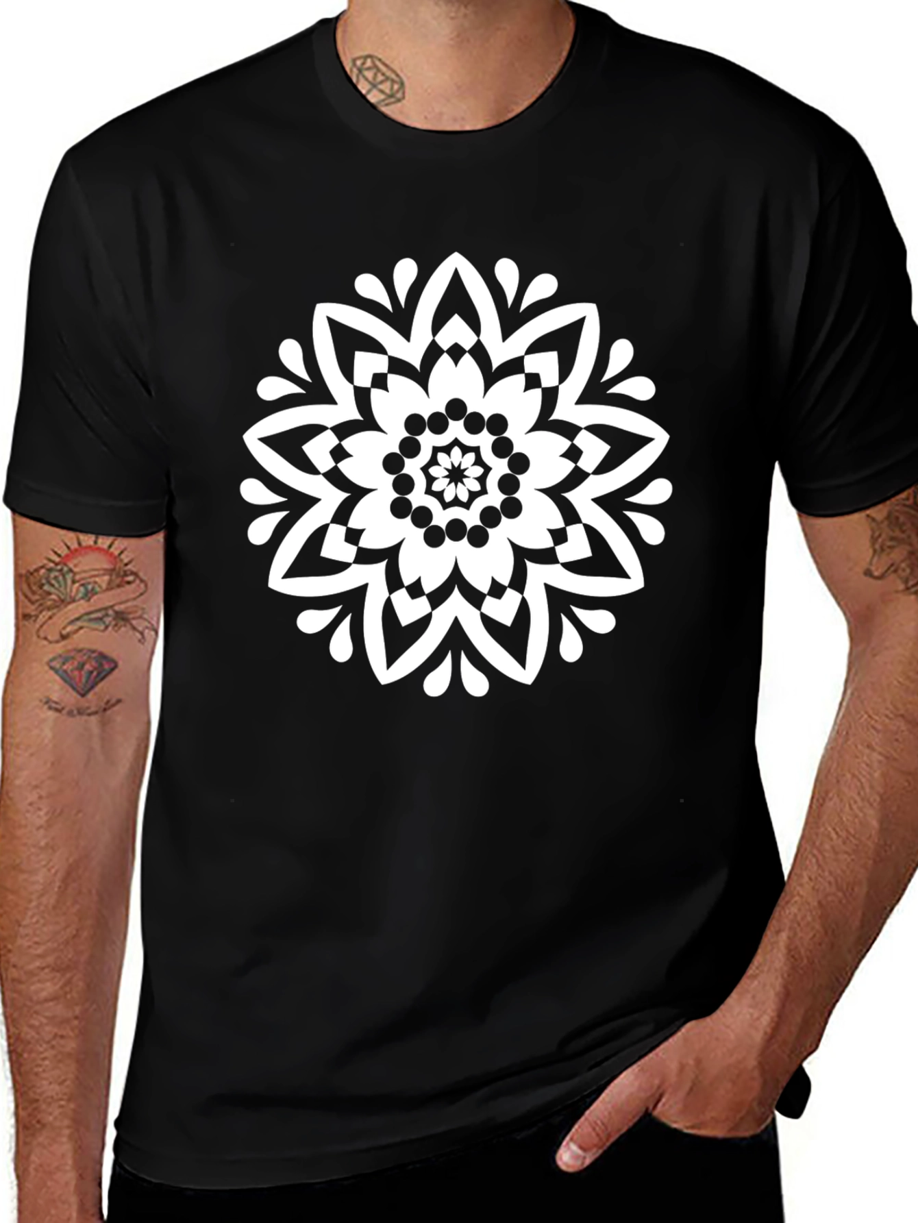Floral Mandala Graphic Tee - Black Cotton Shirt