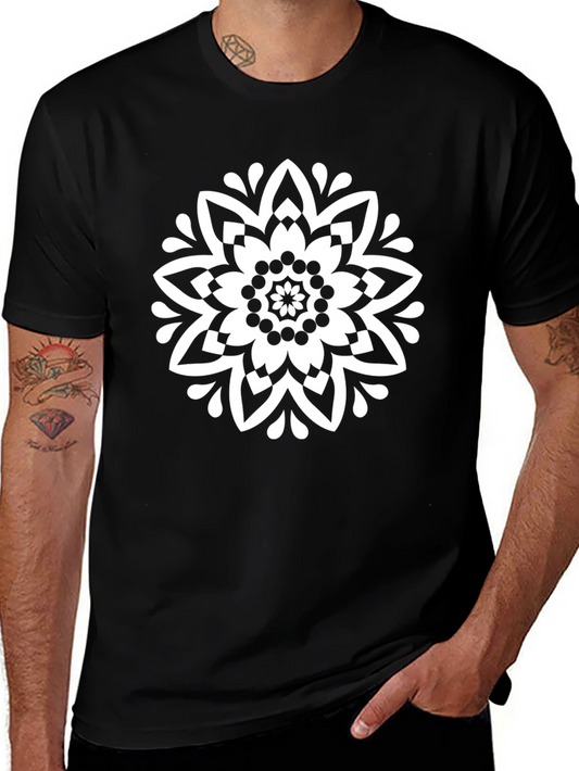 Floral Mandala Graphic Tee - Black Cotton Shirt
