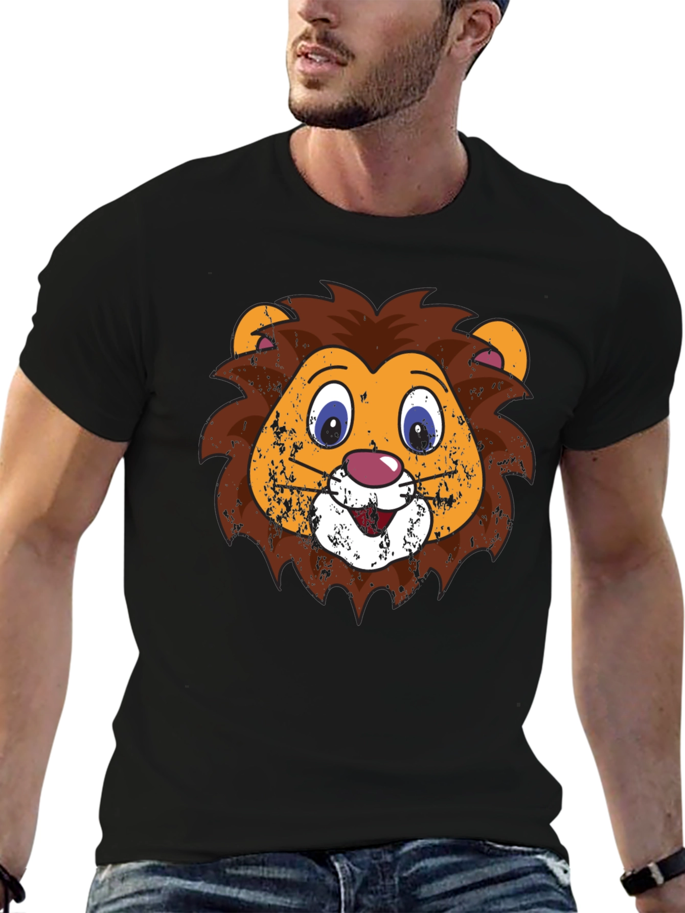 Funny Lion Face Graphic Tee - Black T-Shirt