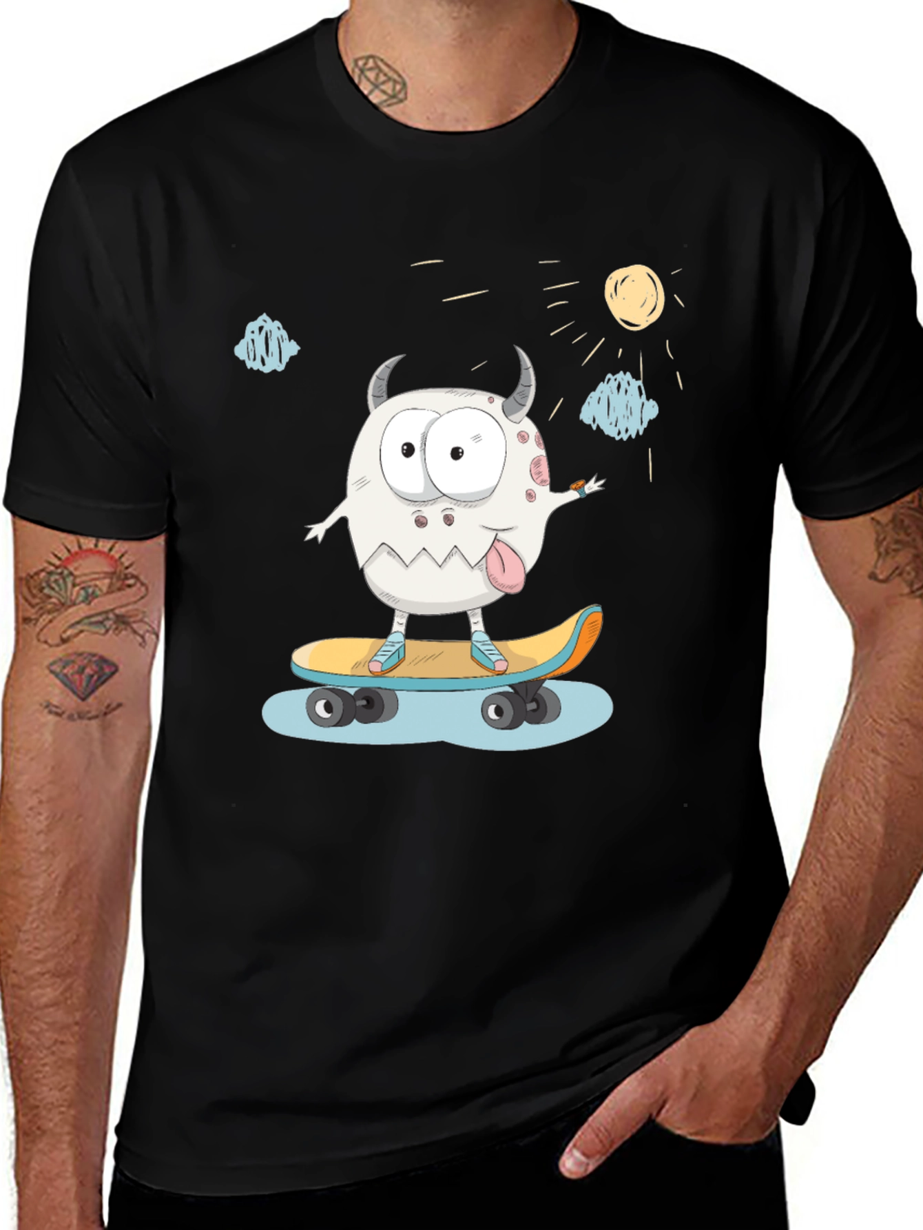 Skateboarding Monster Graphic Tee - Black Cotton T-Shirt