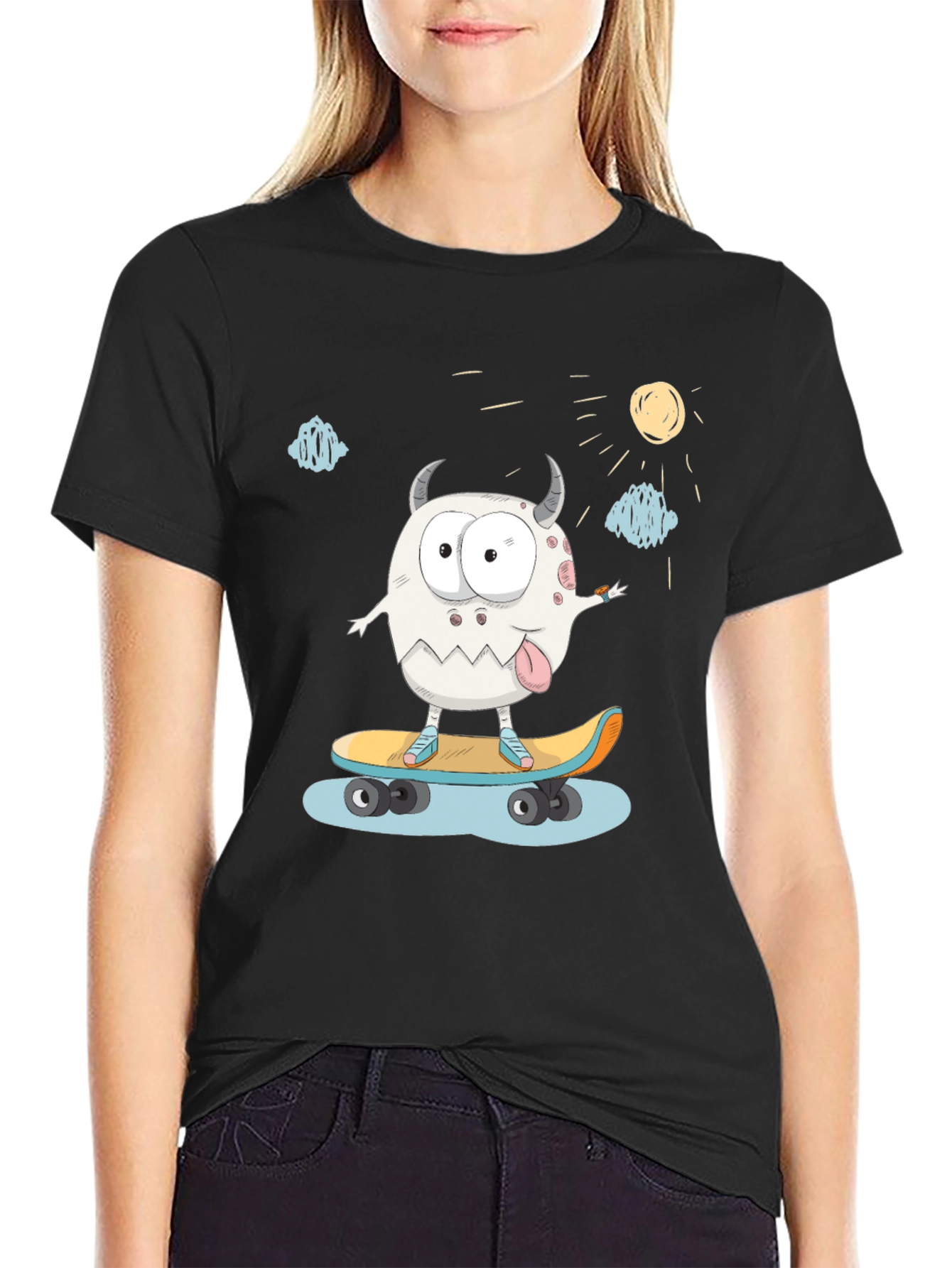 Skateboarding Monster Graphic Tee - Black Cotton T-Shirt