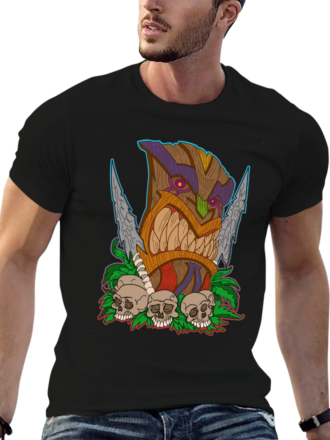 Tiki Skull Graphic T-Shirt - Tribal Art Tee