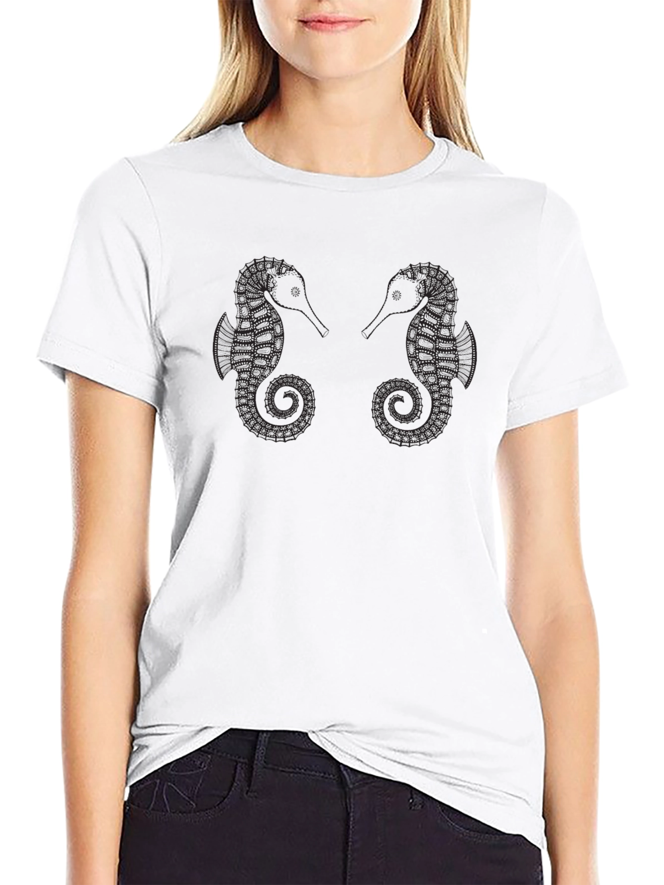 Seahorse Graphic Tee - Black Cotton Casual Shirt