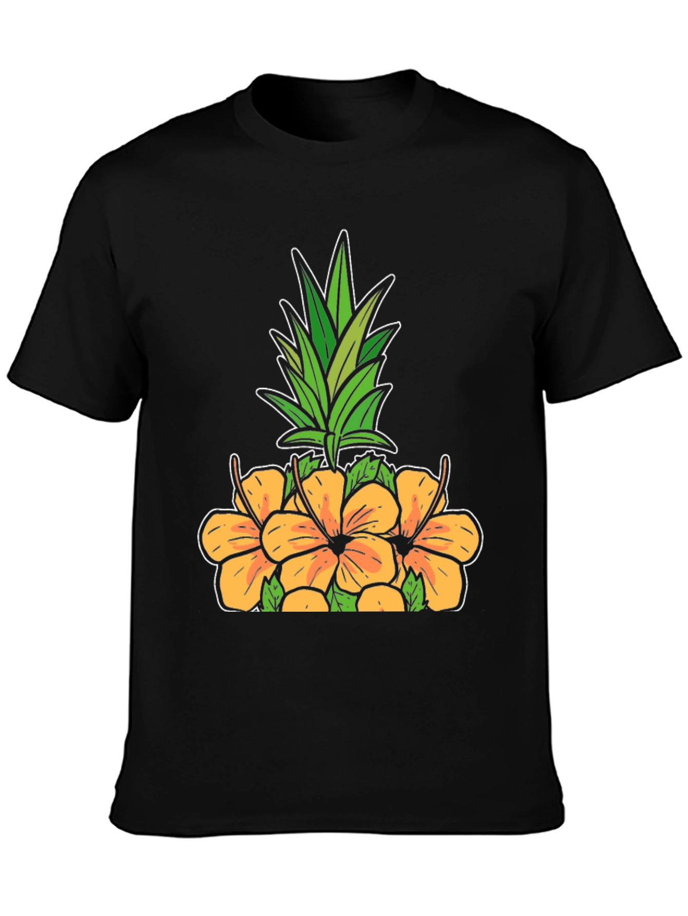 Floral Pineapple Graphic Tee - Black Cotton Shirt
