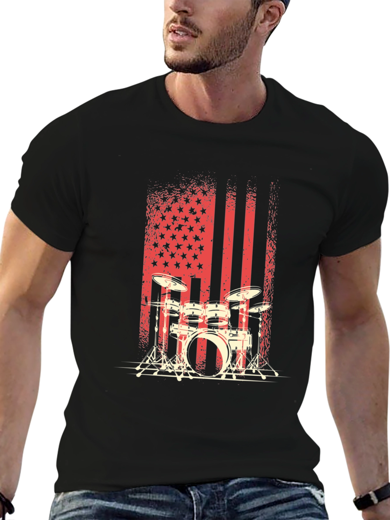 Drum Set American Flag Mens Graphic Tee