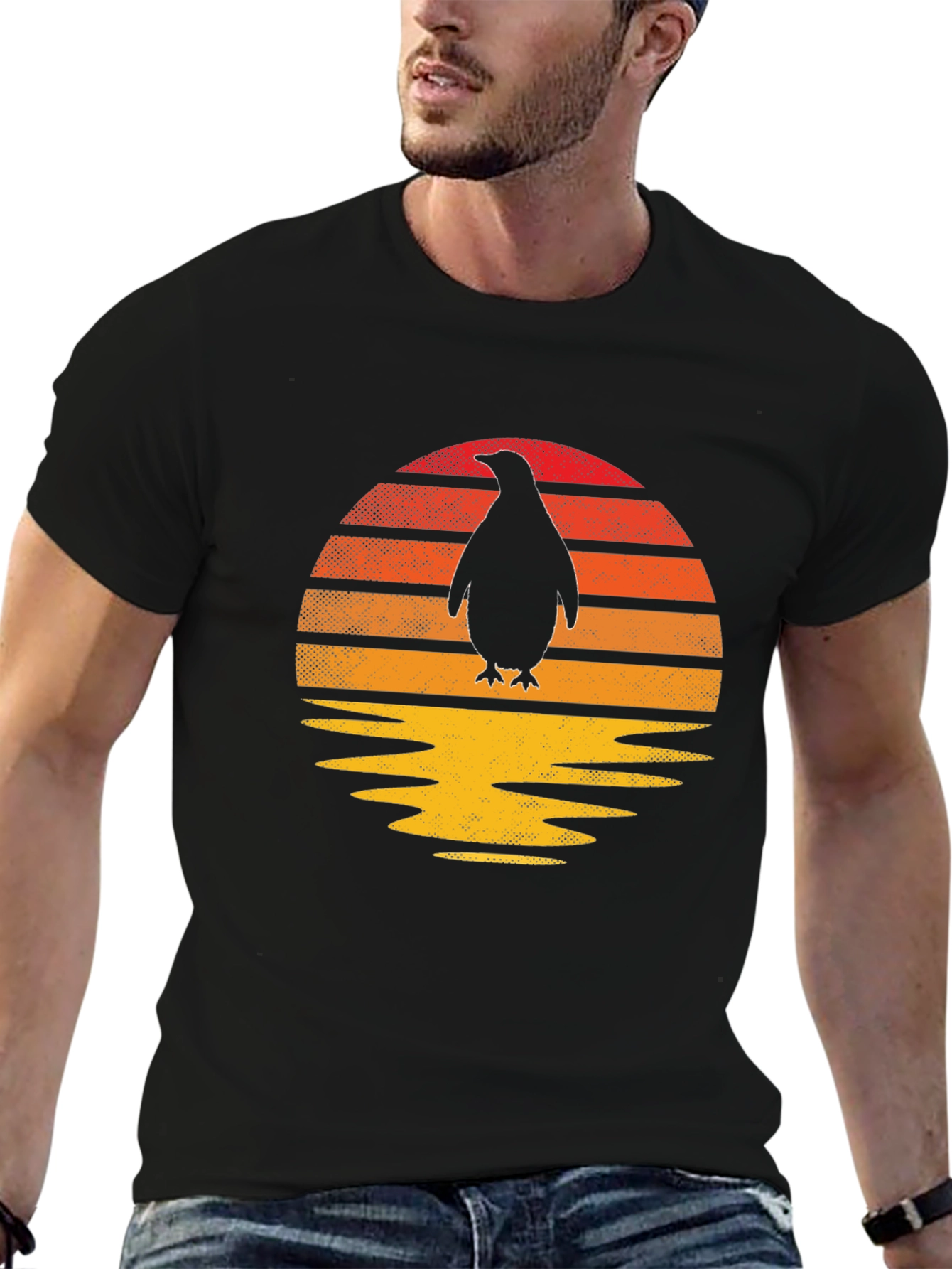 Retro Penguin Sunset Graphic Tee - Black