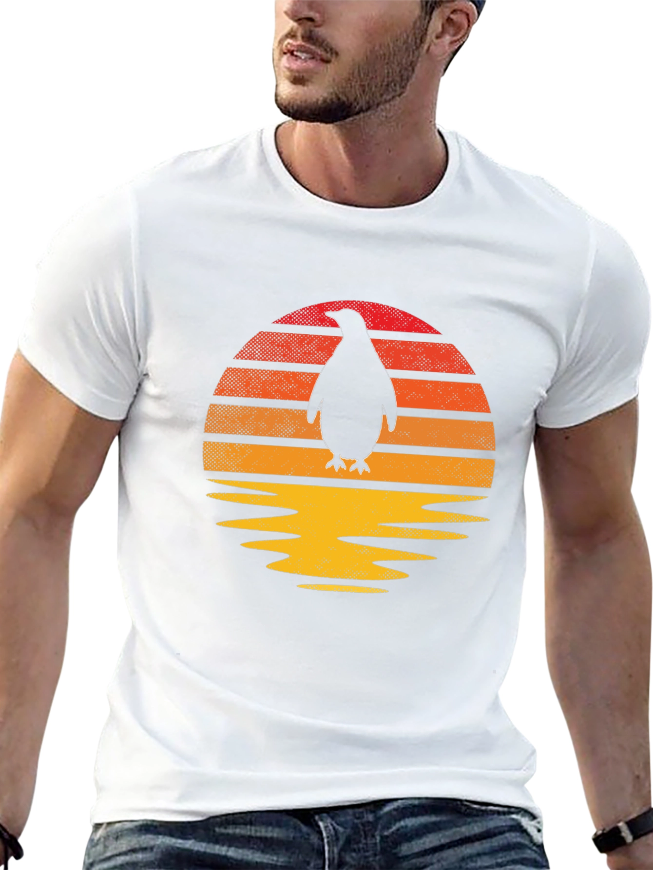 Retro Penguin Sunset Graphic Tee - Black