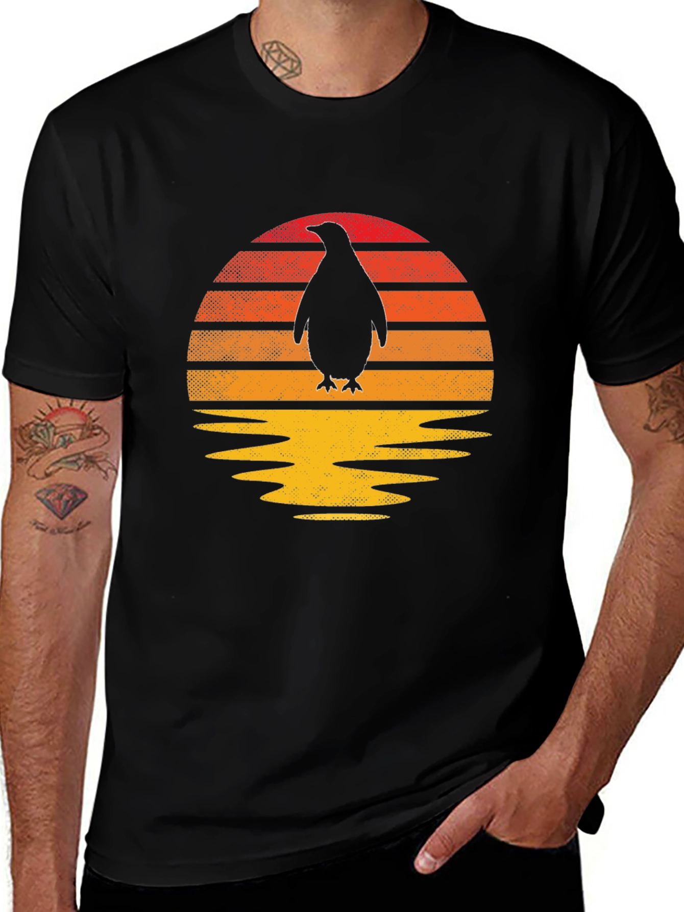 Retro Penguin Sunset Graphic Tee - Black