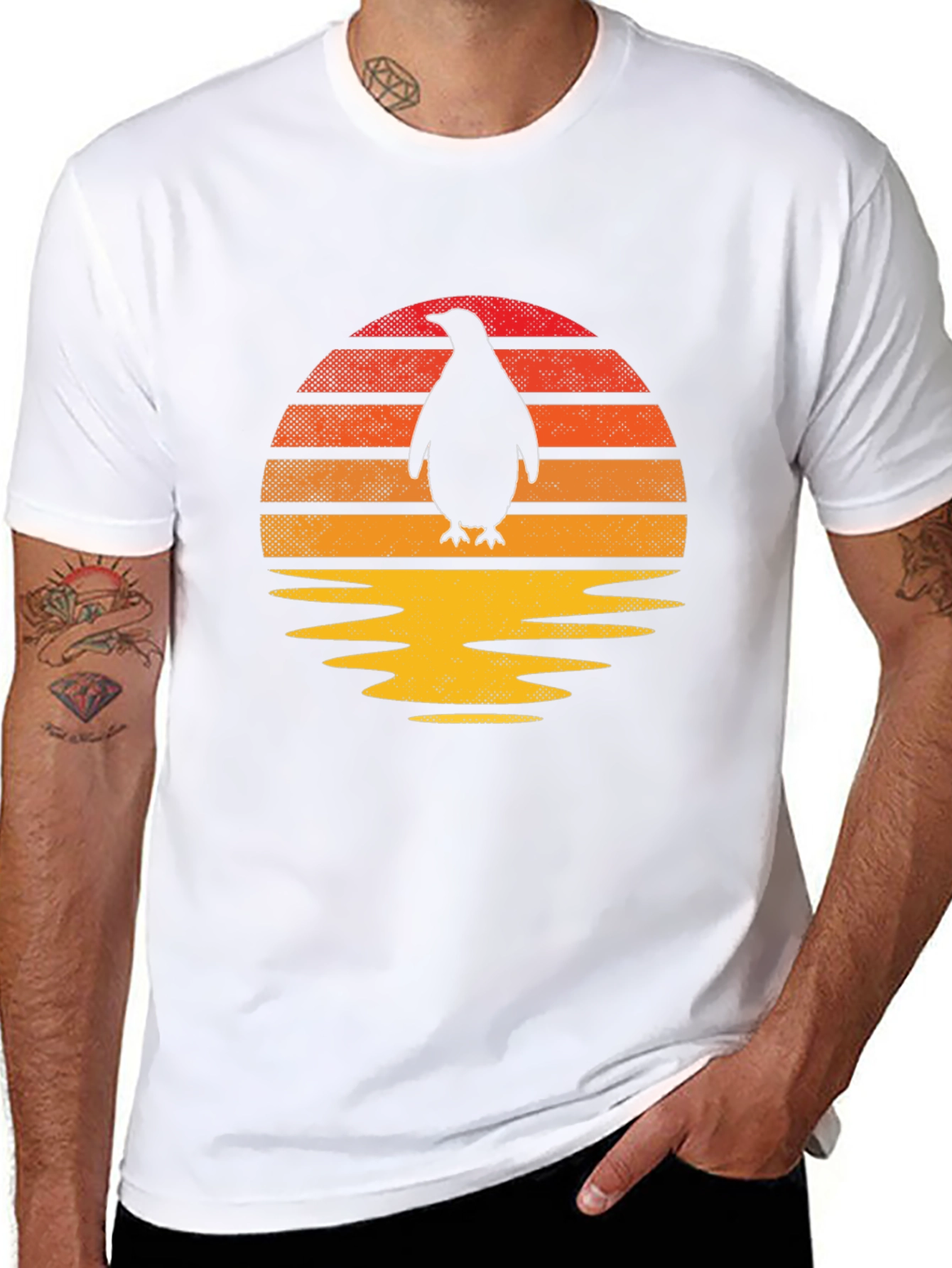 Retro Penguin Sunset Graphic Tee - Black