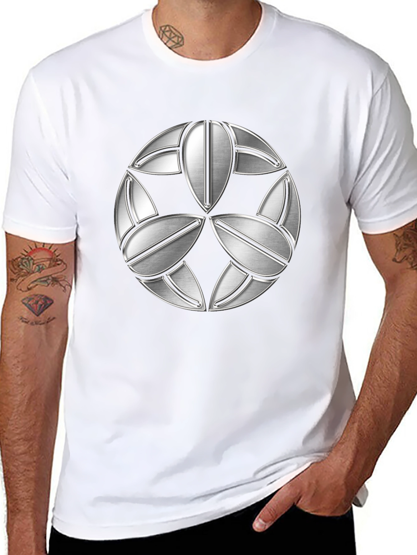 Abstract Geometric Silver Patterned Black T-Shirt