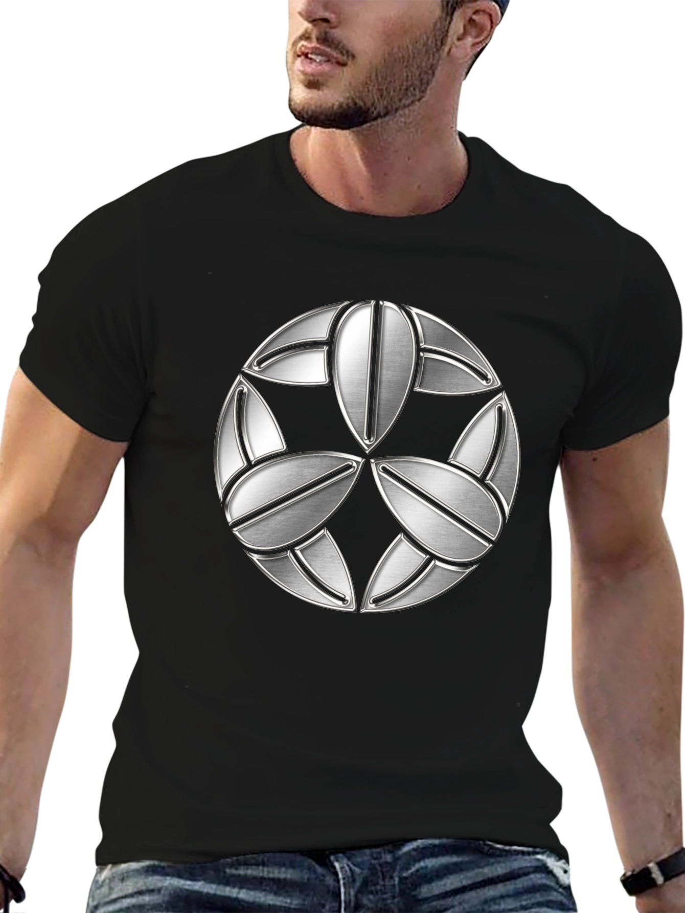 Abstract Geometric Silver Patterned Black T-Shirt