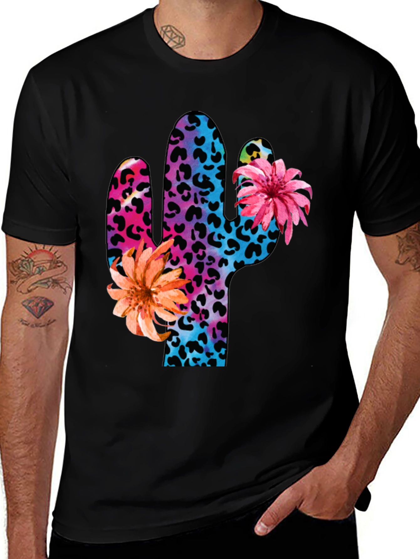 Mens Cactus Flower Print Crewneck T-Shirt