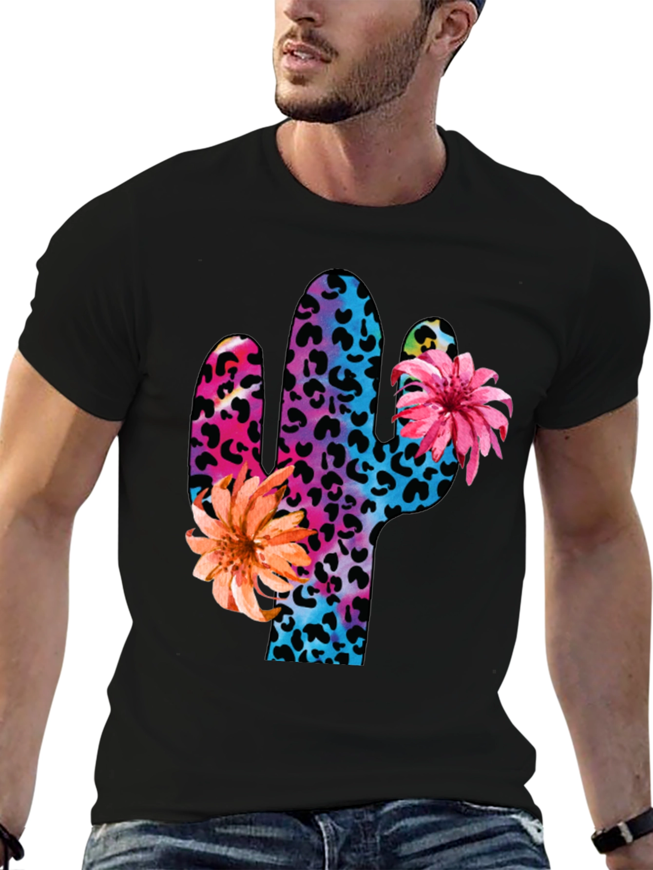 Mens Cactus Flower Print Crewneck T-Shirt