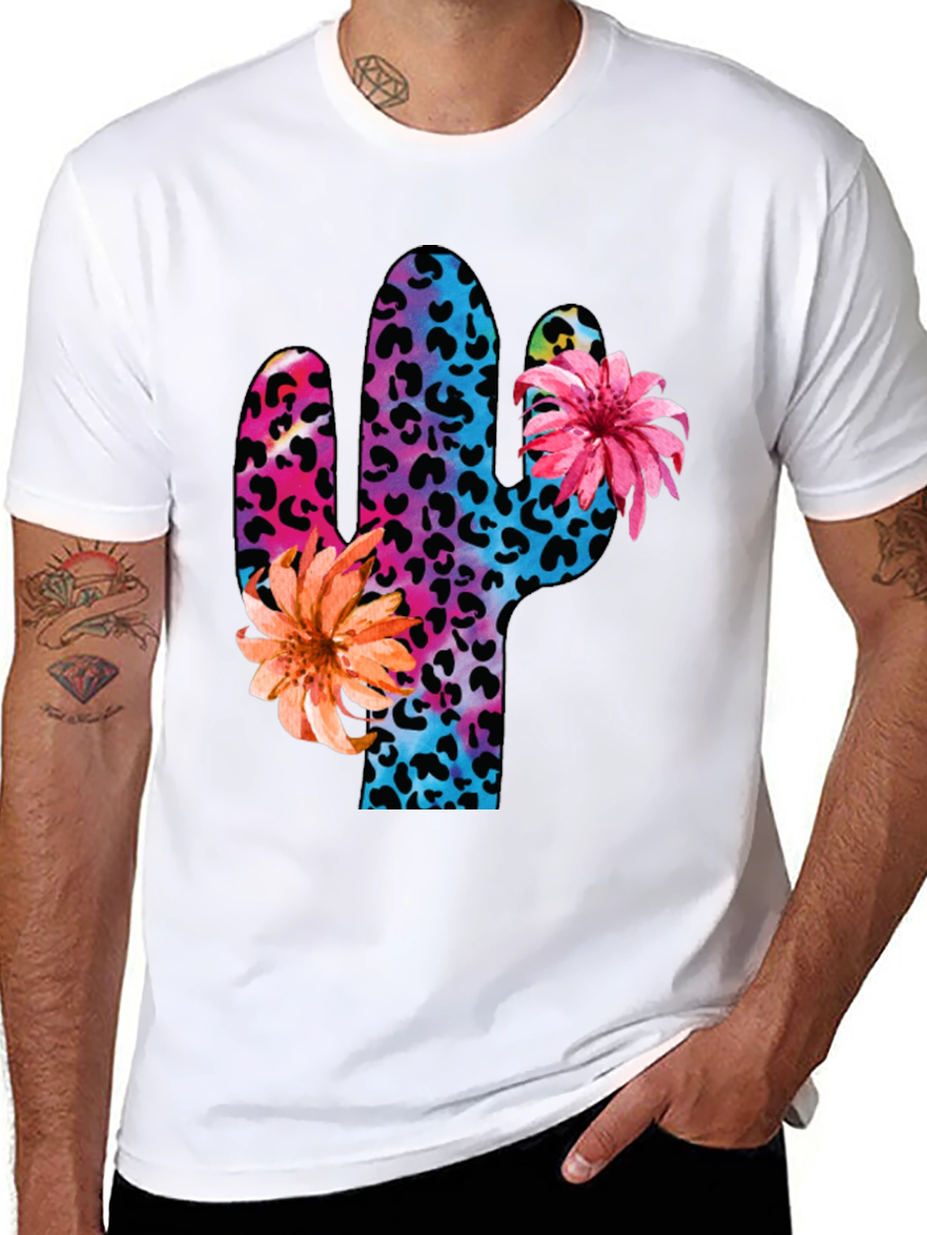 Mens Cactus Flower Print Crewneck T-Shirt