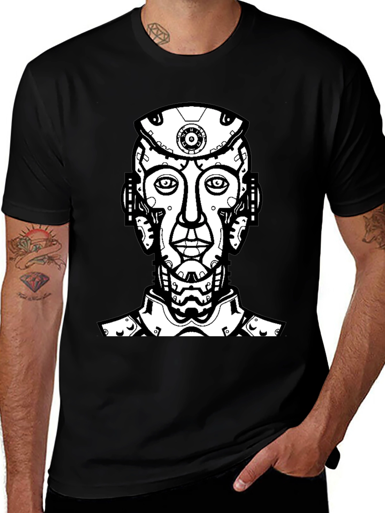 Black T-Shirt with Futuristic Robot Head Graphic