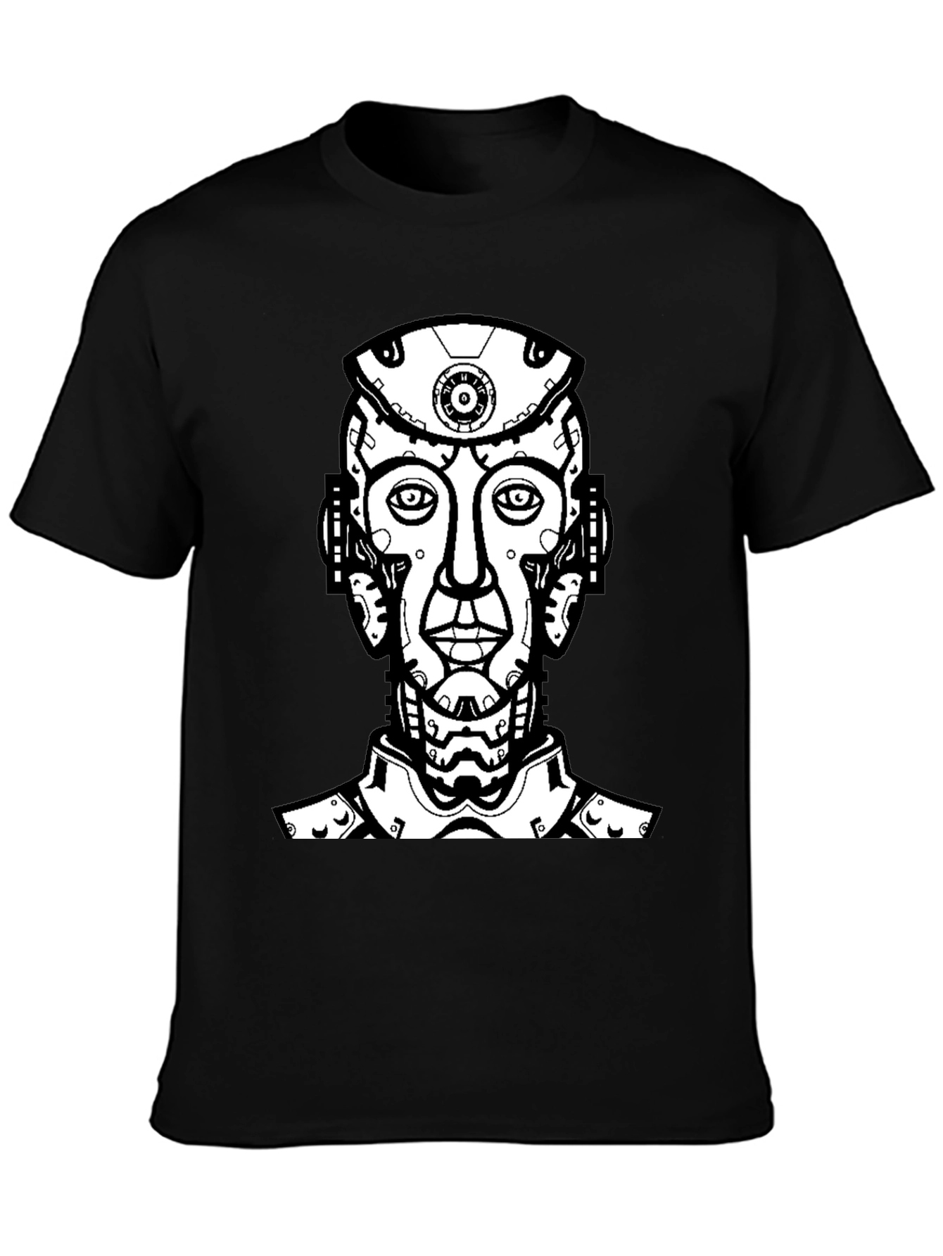 Black T-Shirt with Futuristic Robot Head Graphic