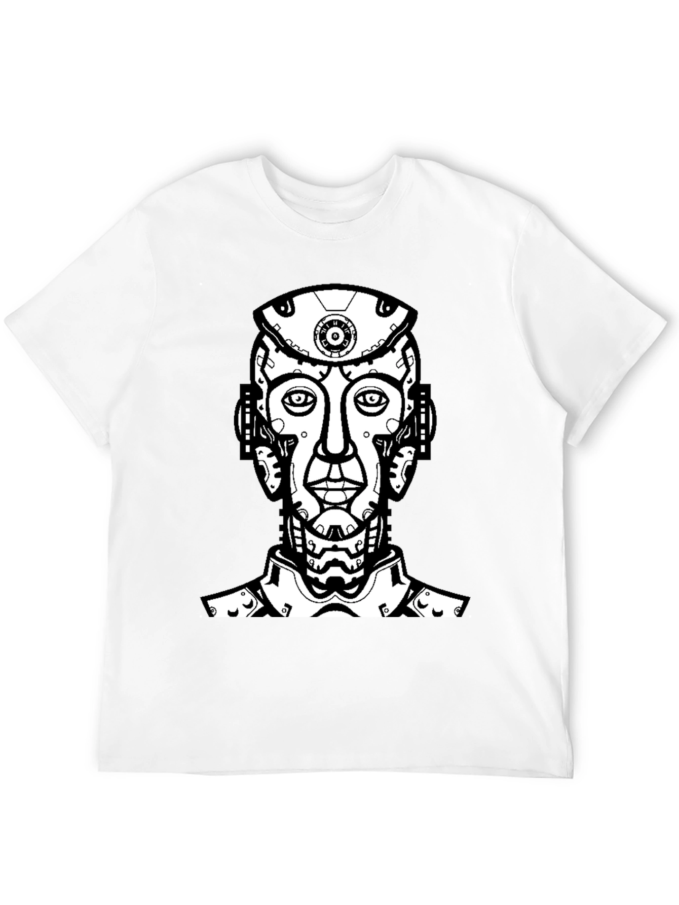 Black T-Shirt with Futuristic Robot Head Graphic