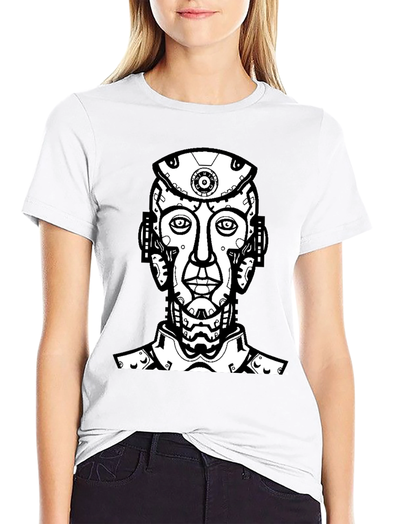 Black T-Shirt with Futuristic Robot Head Graphic