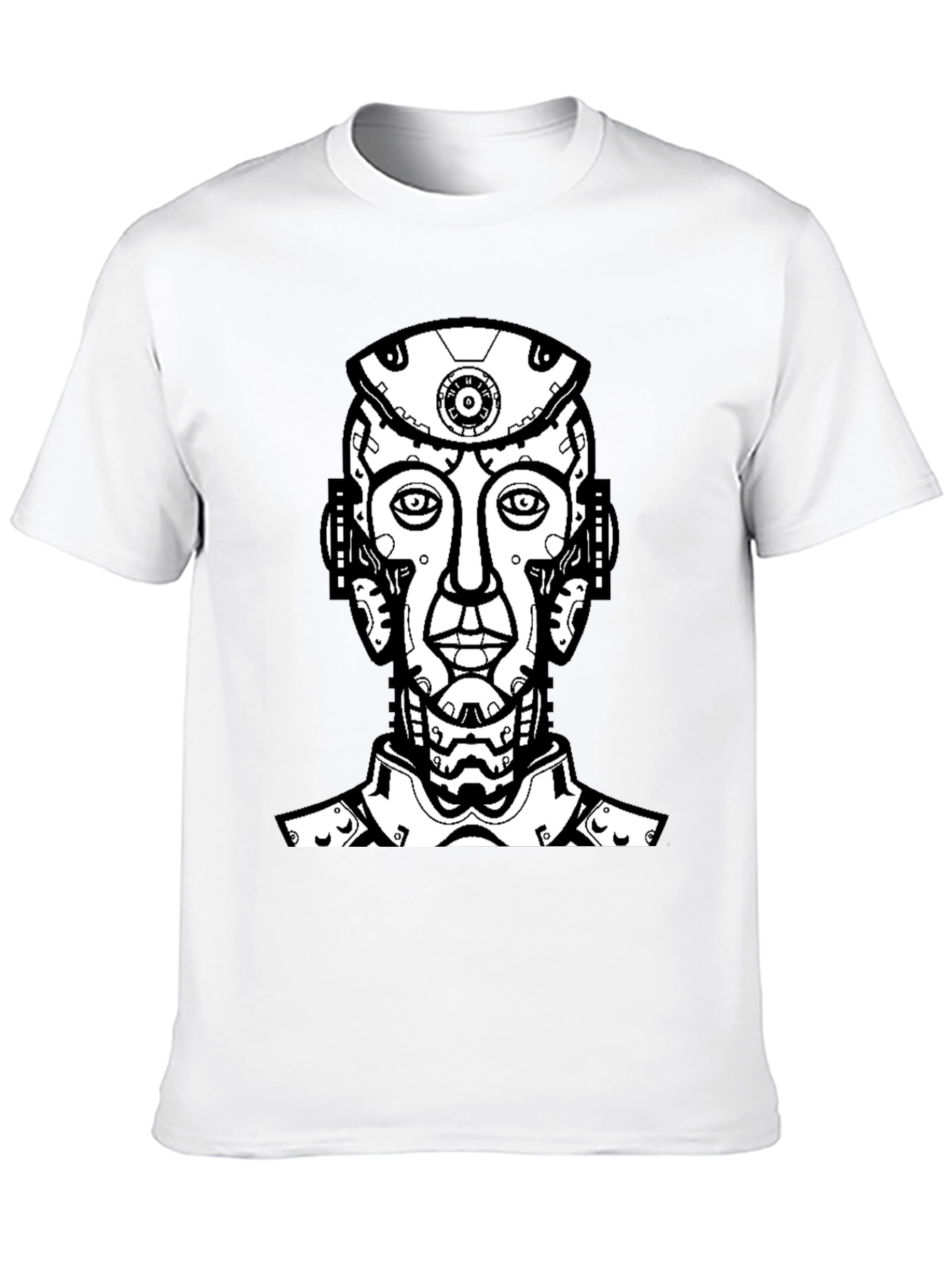 Black T-Shirt with Futuristic Robot Head Graphic