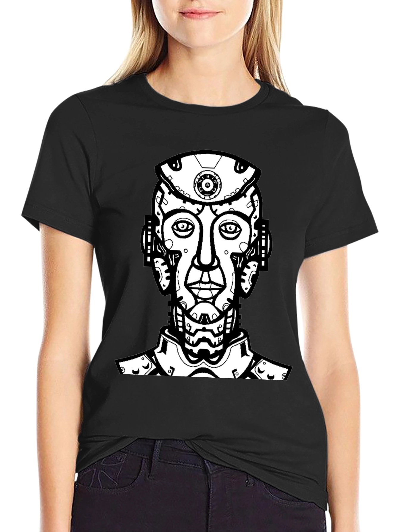 Black T-Shirt with Futuristic Robot Head Graphic