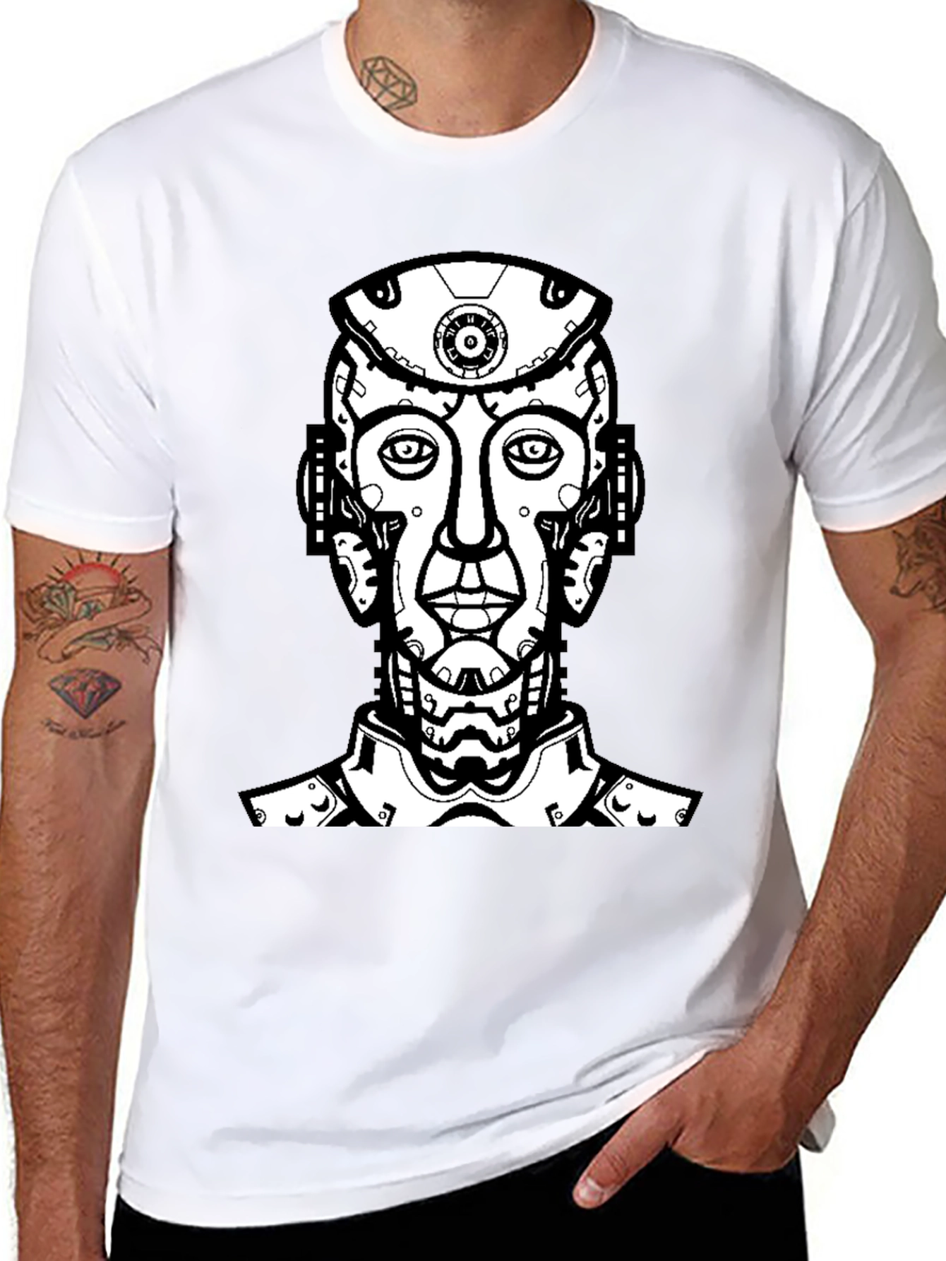 Black T-Shirt with Futuristic Robot Head Graphic