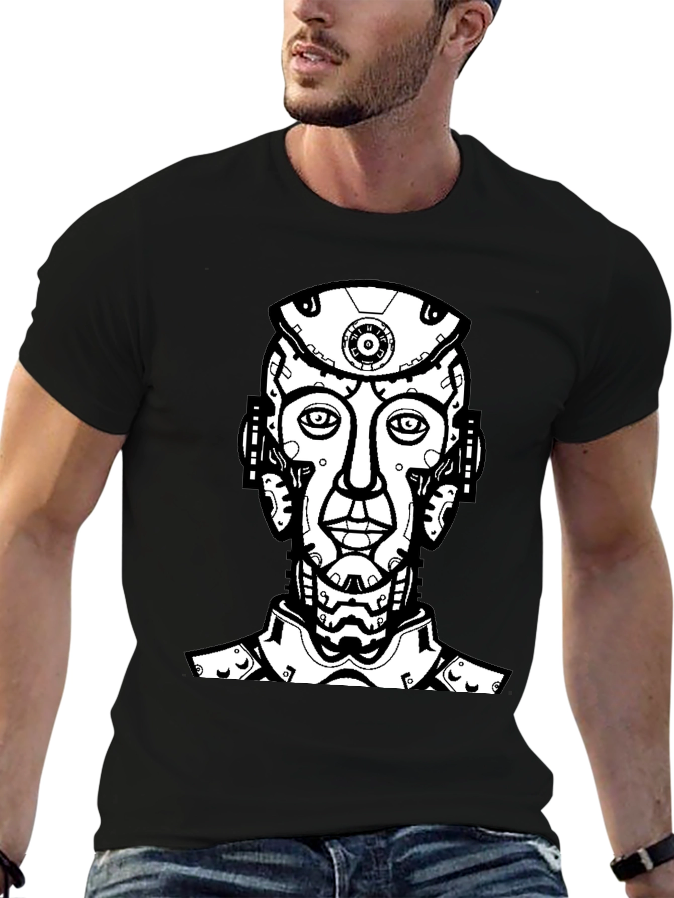 Black T-Shirt with Futuristic Robot Head Graphic