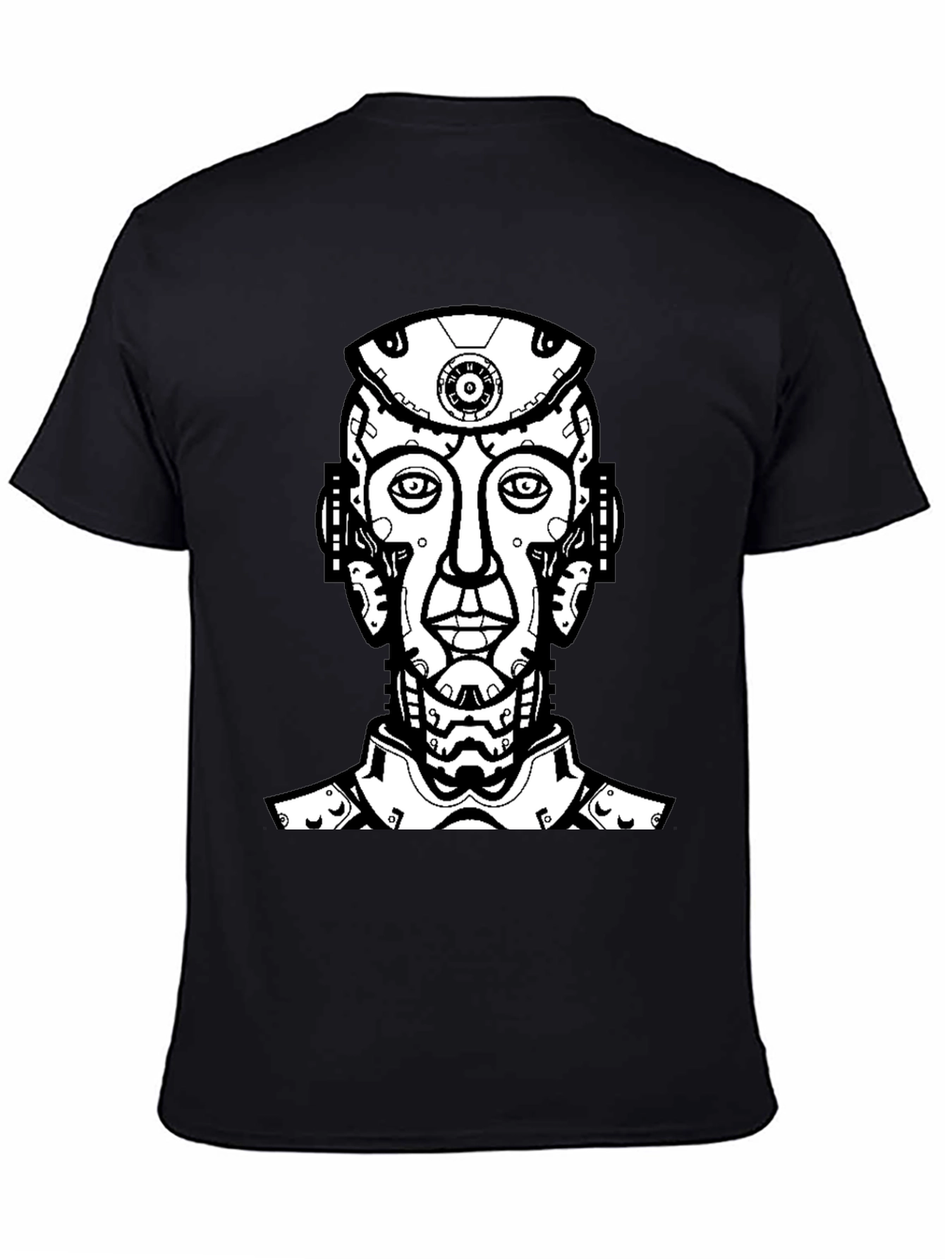Black T-Shirt with Futuristic Robot Head Graphic