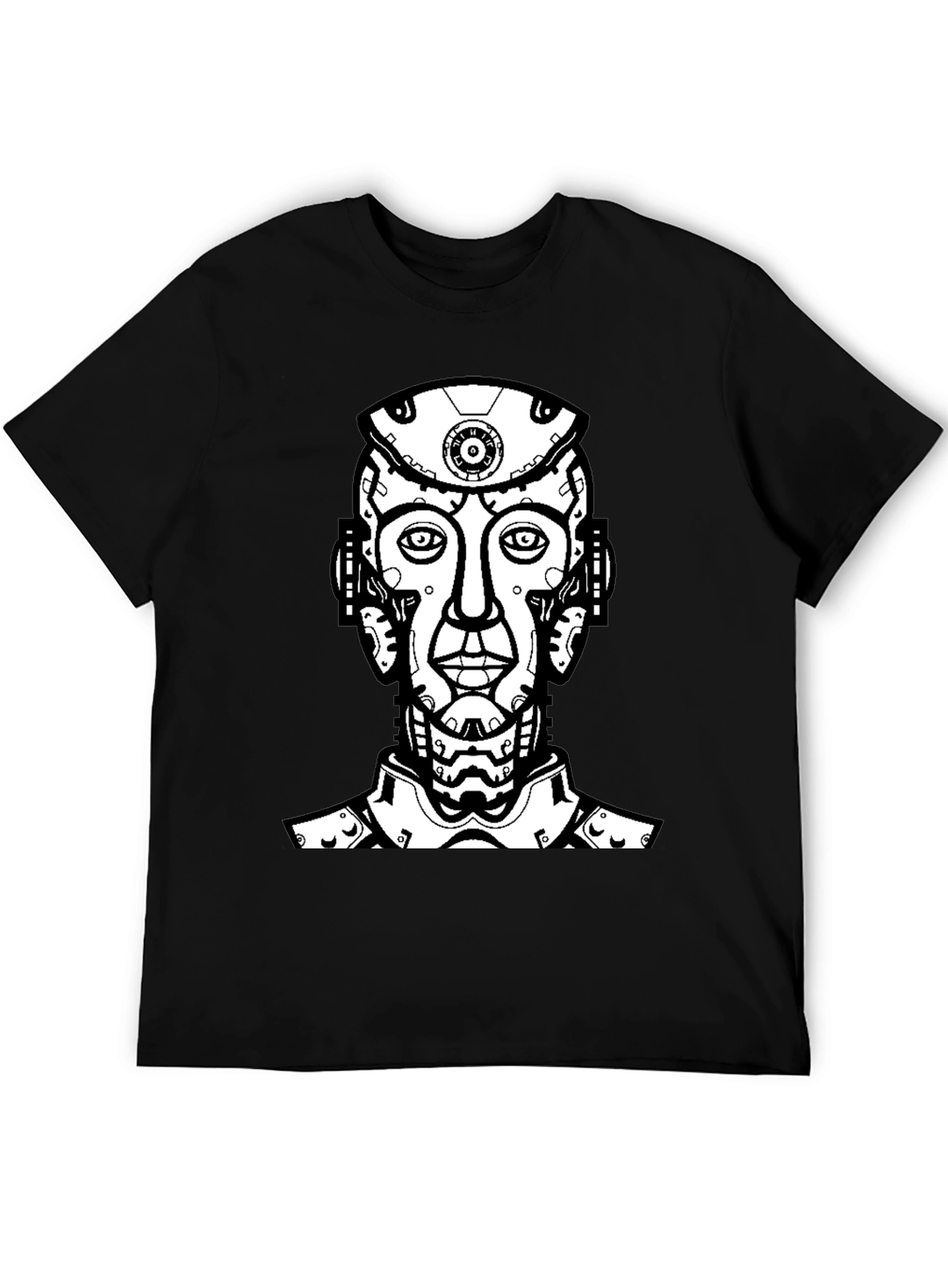 Black T-Shirt with Futuristic Robot Head Graphic