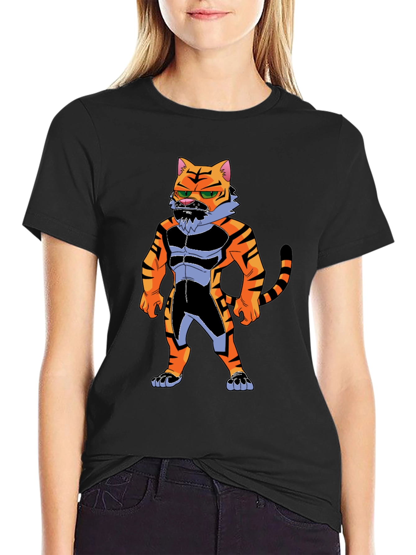 Mens Black T-Shirt with Cartoon Tiger Graphic