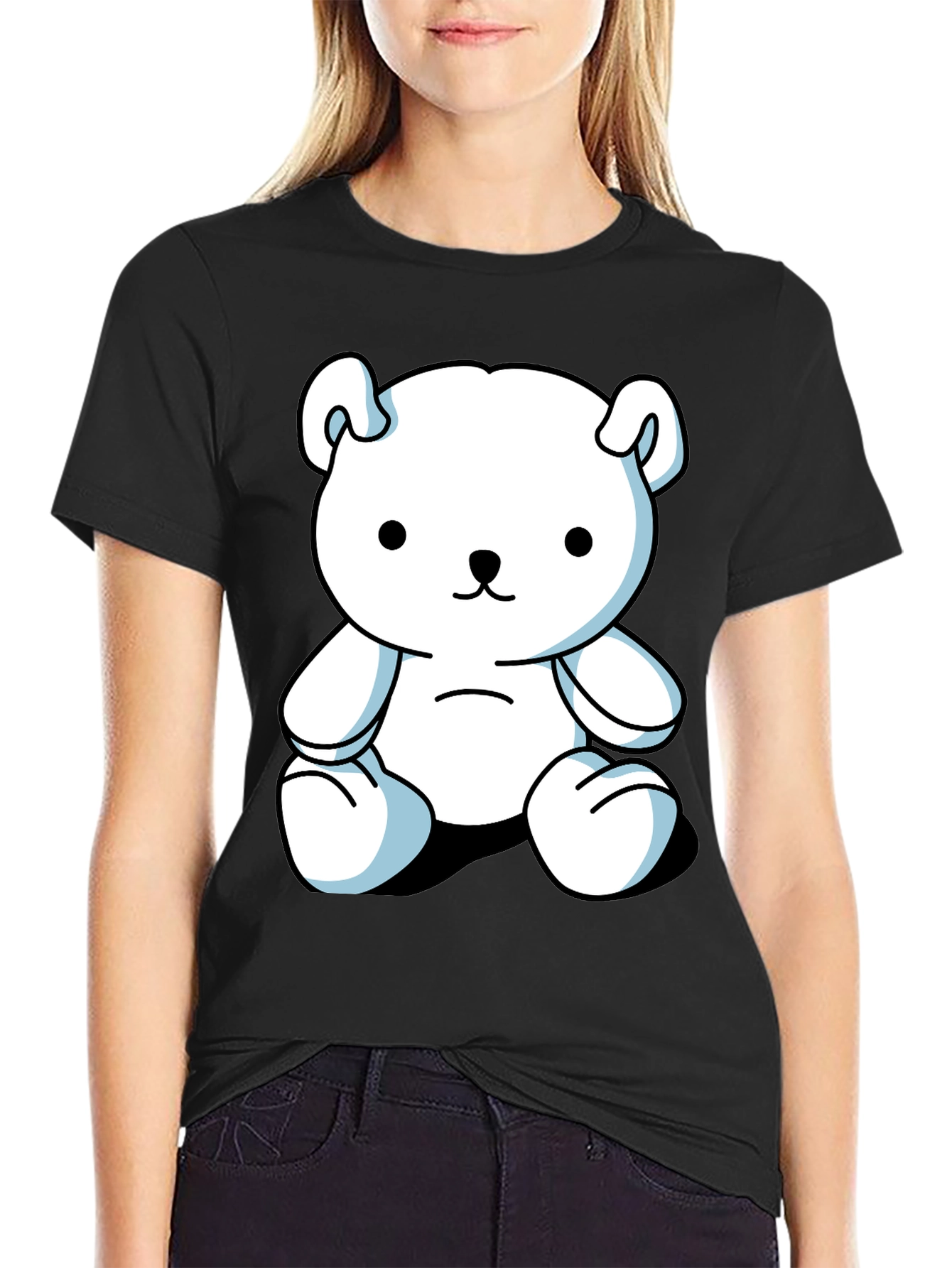 Cute Cartoon Bear Graphic Black T-Shirt