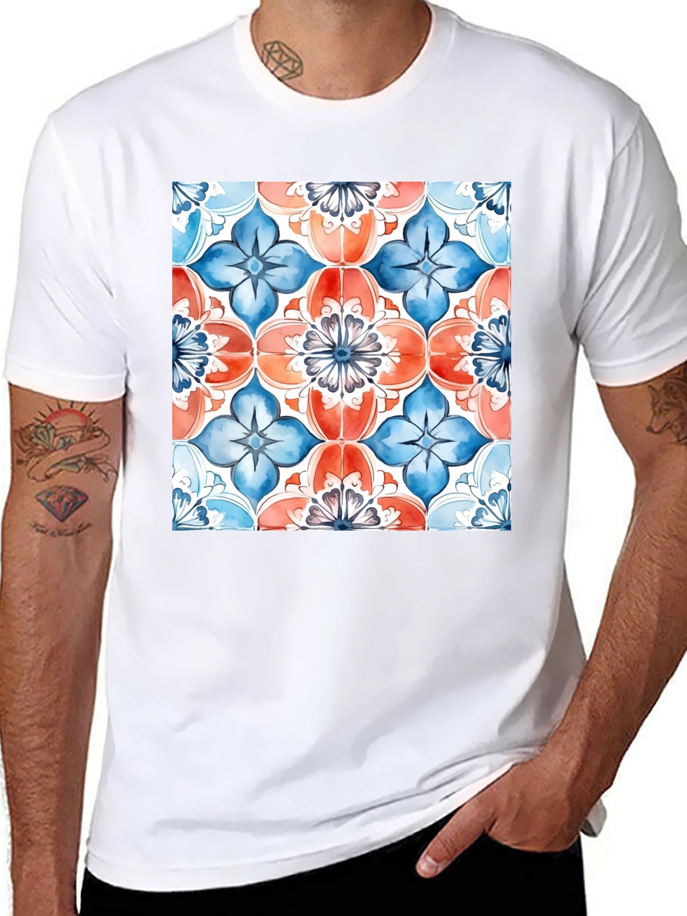Floral Tile Print Black T-Shirt