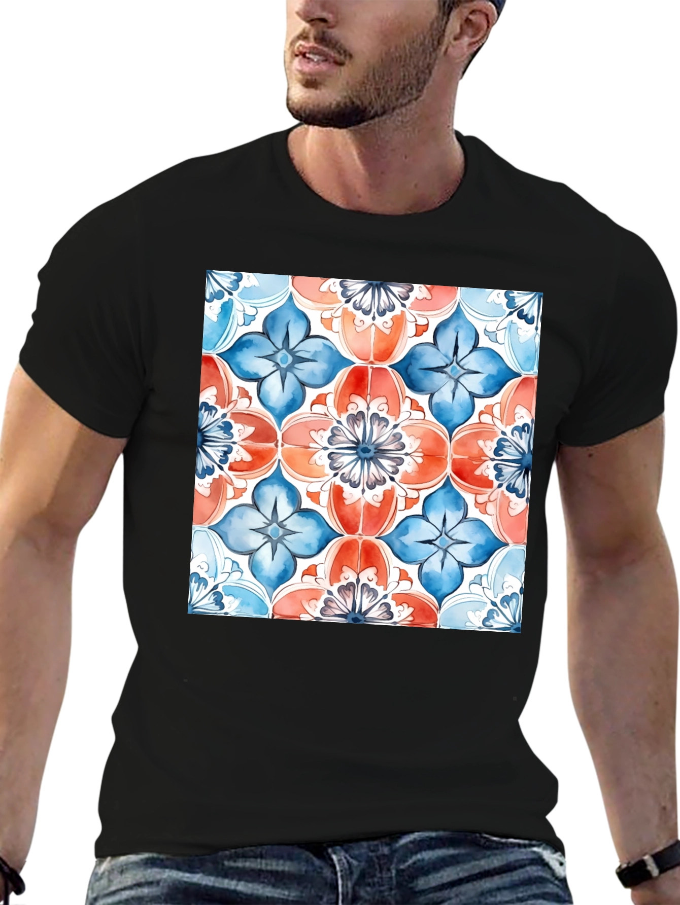 Floral Tile Print Black T-Shirt