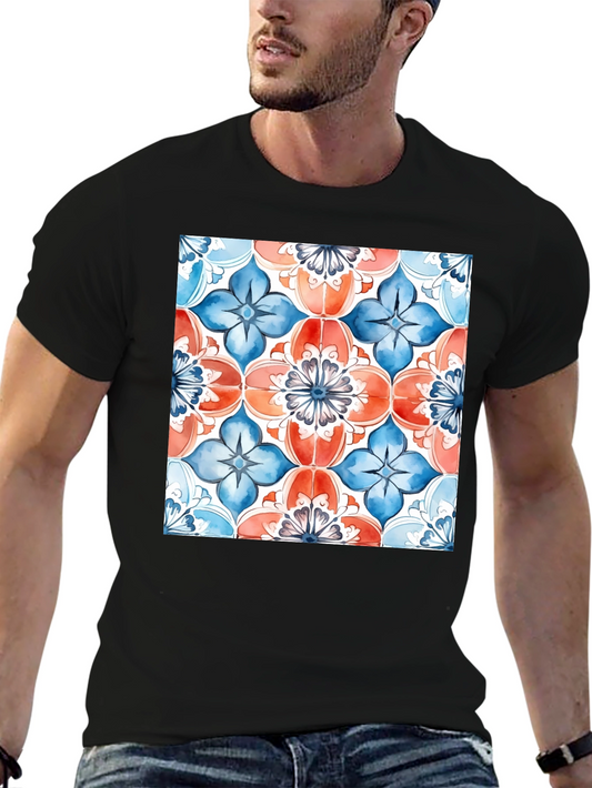 Floral Tile Print Black T-Shirt
