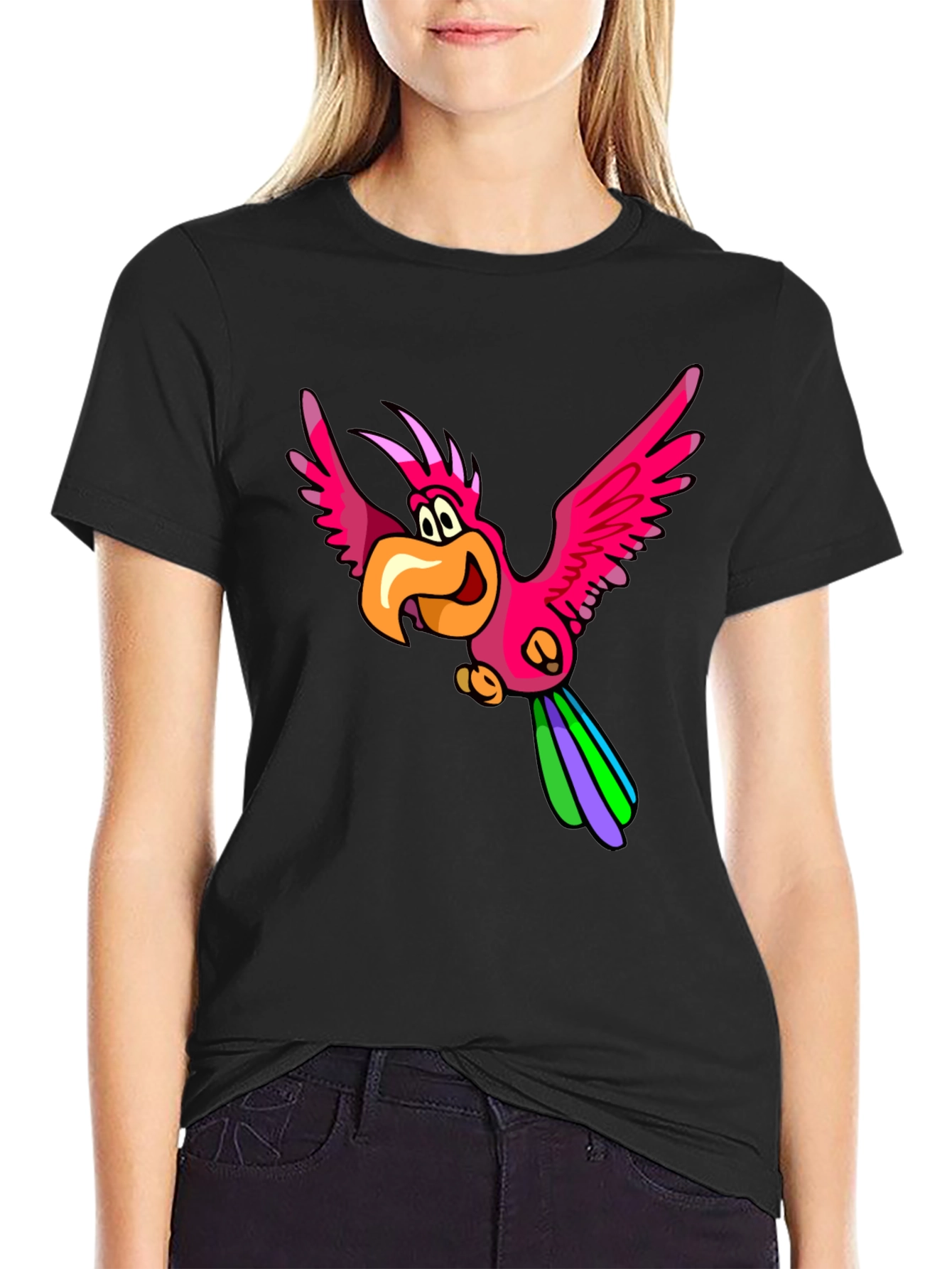 Cartoon Parrot Graphic T-Shirt - Black Cotton Tee