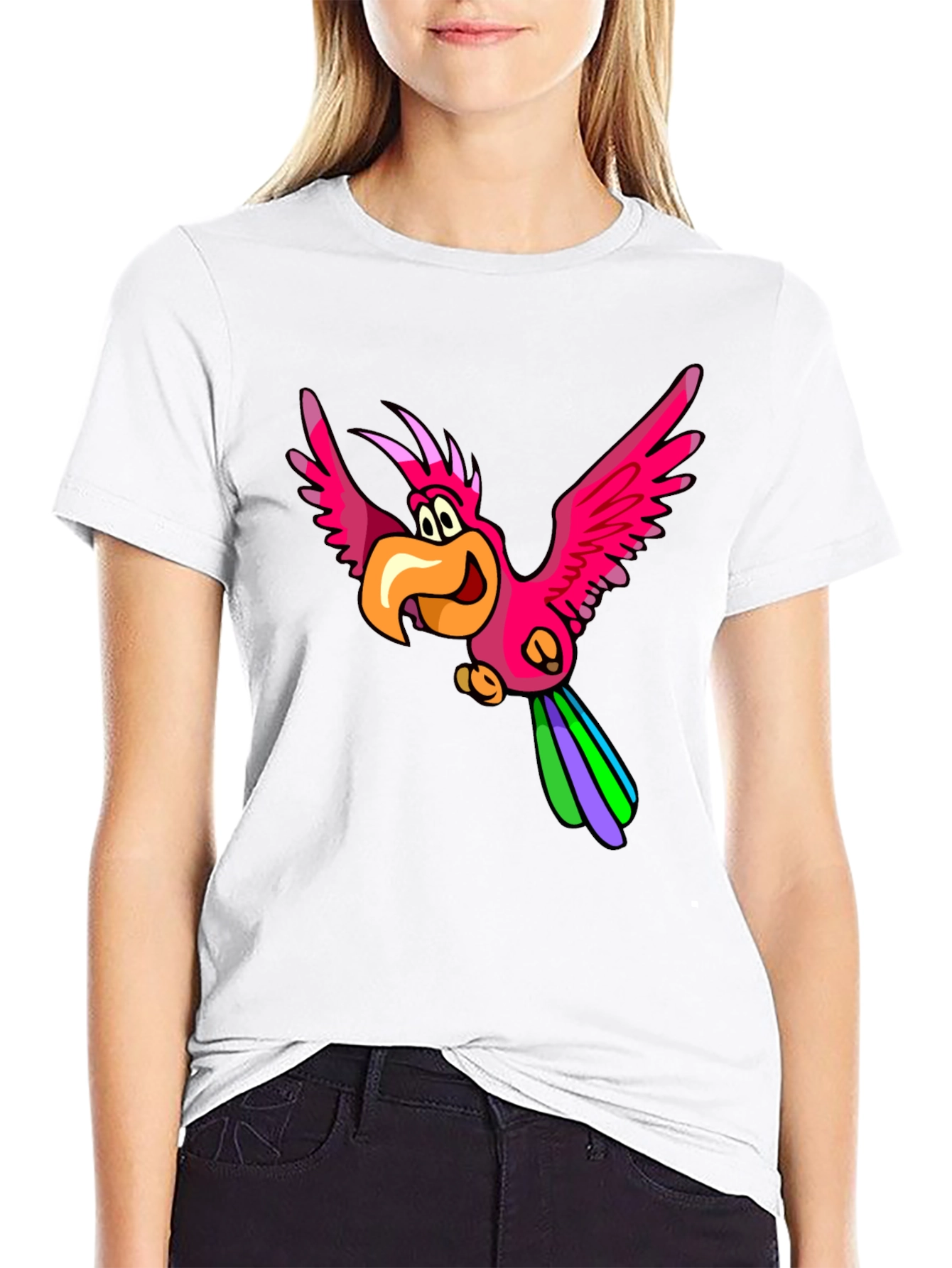 Cartoon Parrot Graphic T-Shirt - Black Cotton Tee
