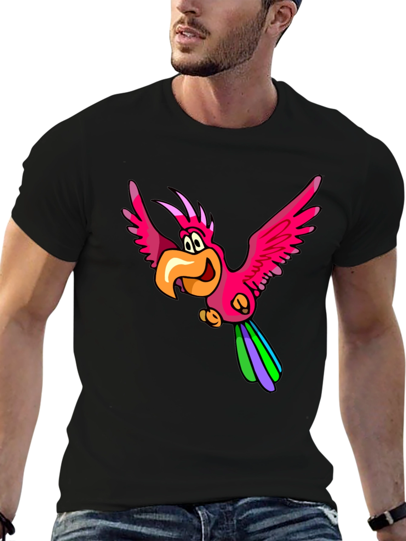 Cartoon Parrot Graphic T-Shirt - Black Cotton Tee